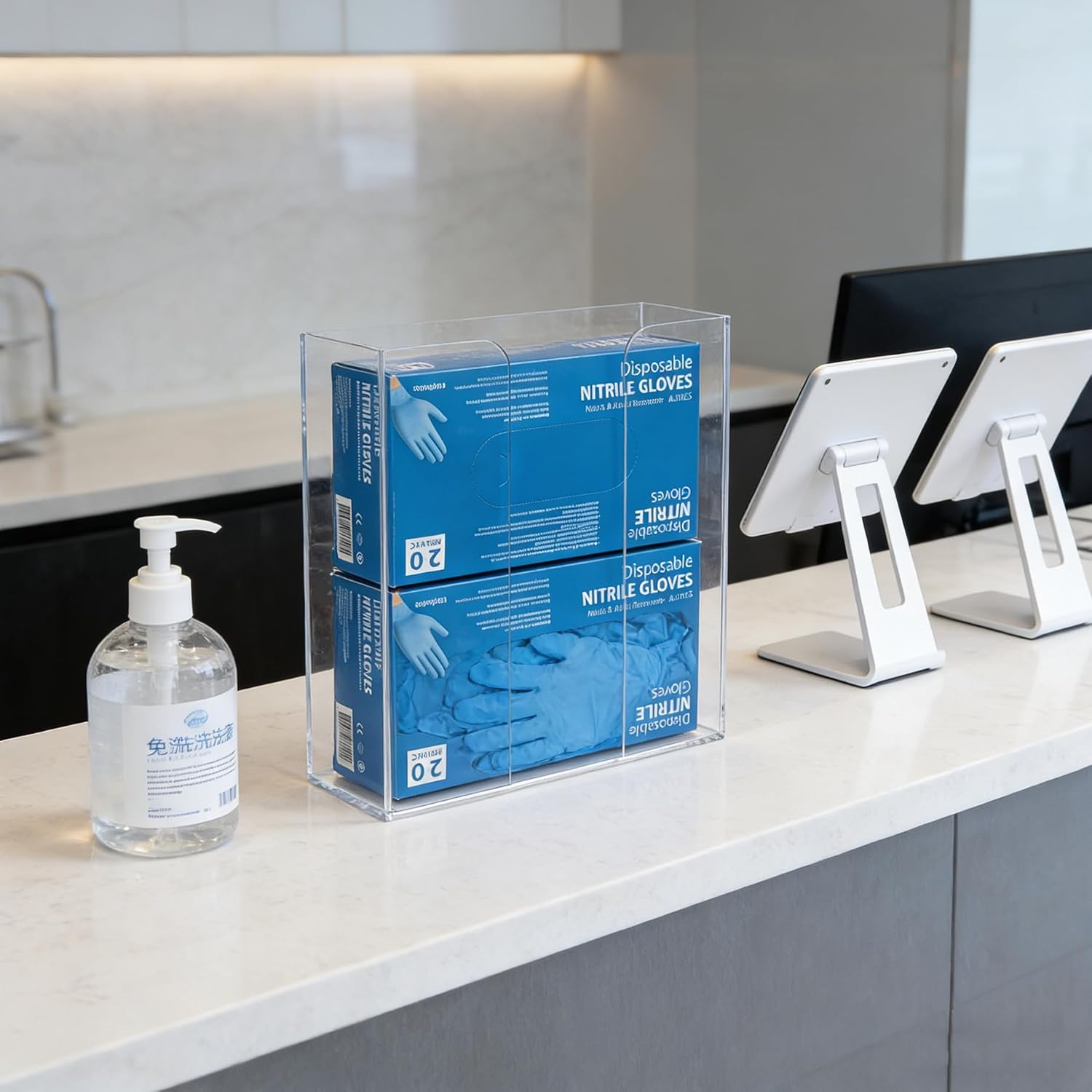 Double Glove Box Holder Wall Mount, Acrylic Disposable Rubber Glove Dispenser for Lab Kitchen Medical, Clear