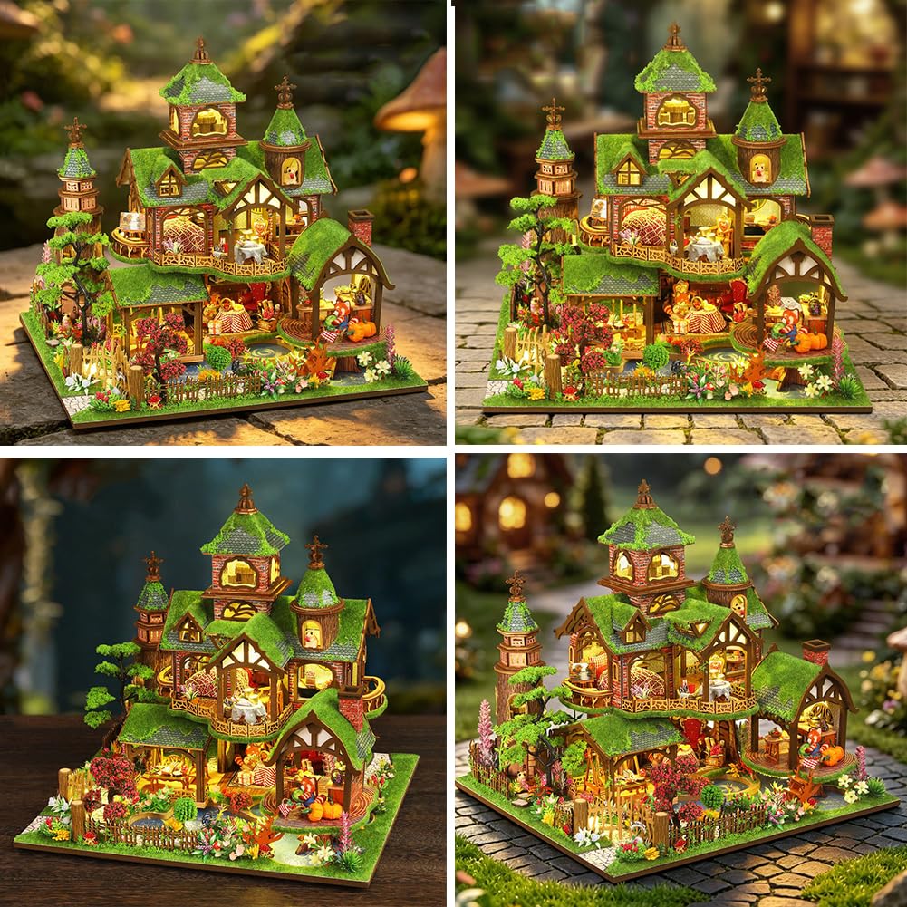 Casa de muñecas DIY en miniatura casa de madera con iluminación LED, tema del castillo del bosque, música, rompecabezas de madera 3D estantería (con tapa antipolvo)