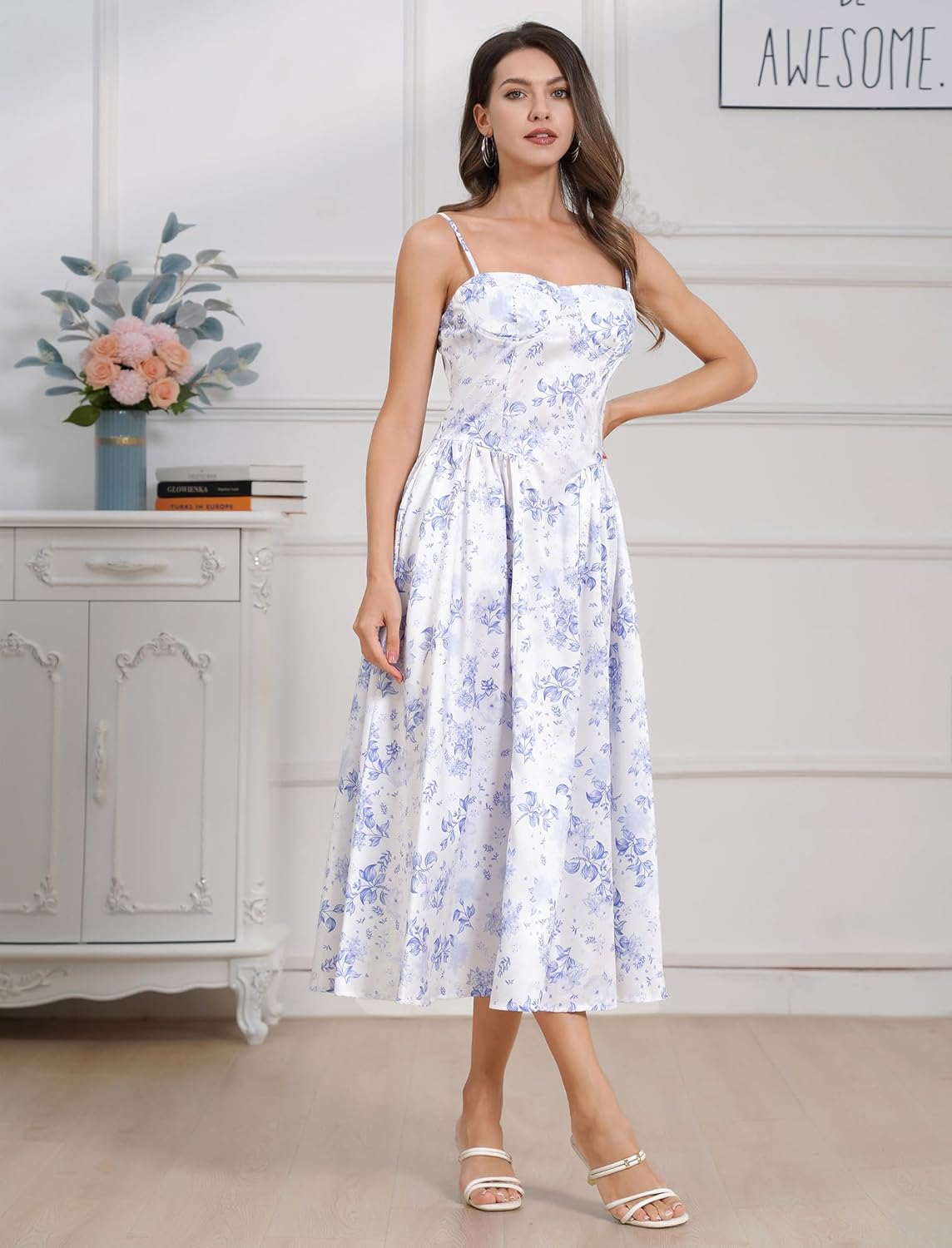 Casual Dresses for Women Boho Spaghetti Strap Corset Midi Dress with Pockets Low Cut Flowy Pleated Bustier Sundress