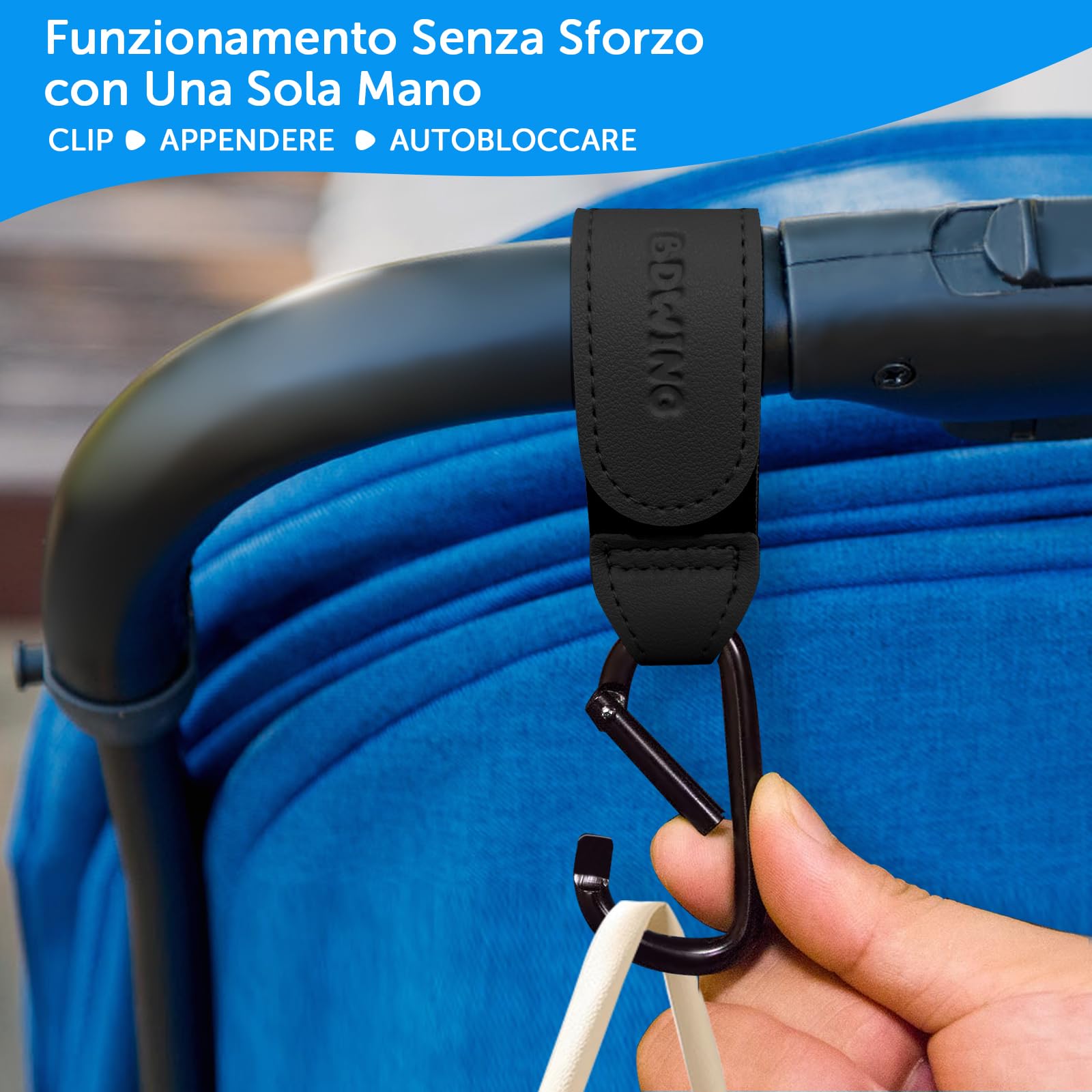 Bdwing Ganci per Passeggino Porta Borse in Pelle, 2 Pezzi Universali Accessori Passeggino per Appendere Borse, Zaini e Borsa della Spesa, Antiscivolo, Cuciture Forti (Nero)