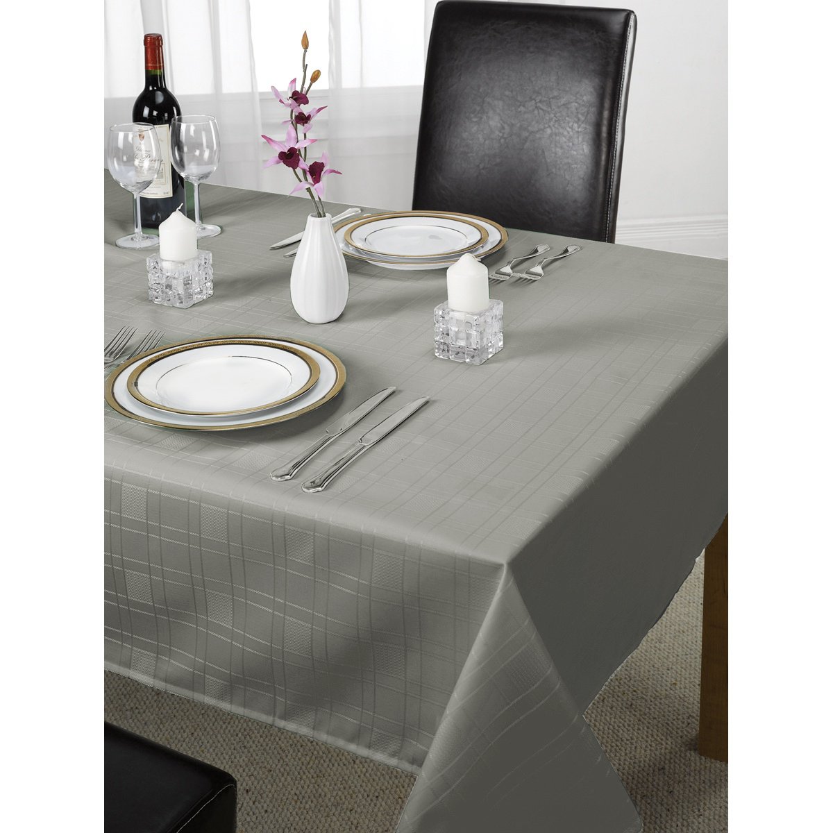 Julian Charles Grey Chequers Silver Jacquard Table Cloth - 178X274cm