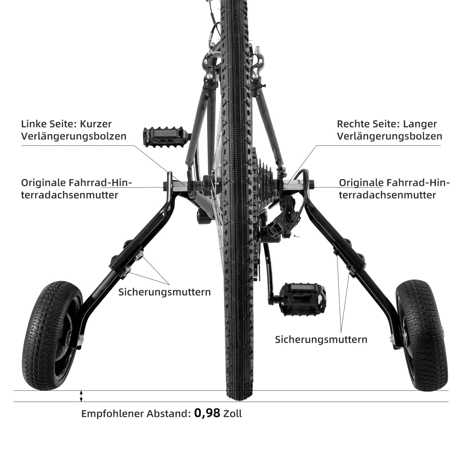 Fahrrad-Stützräder für Erwachsene - Passend für 24-26 Zoll Fahrräder - Stabile Stahlkonstruktion - Sicher und Stabil für Anfänger - Komplettes Montageset, 1 Paar, Schwarz