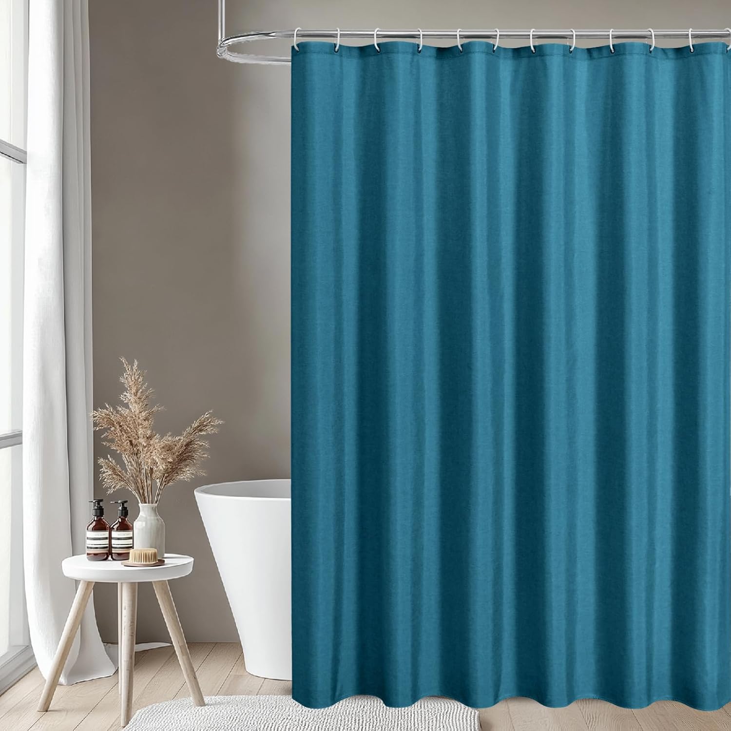 2-in-1 Waterproof Fabric Shower Curtain or Liner,Linen Textured,Breathable TPU & Washable Bathroom Shower Curtain Set with 12 Plastic Hooks,Modern,72"x72" Oceanblue