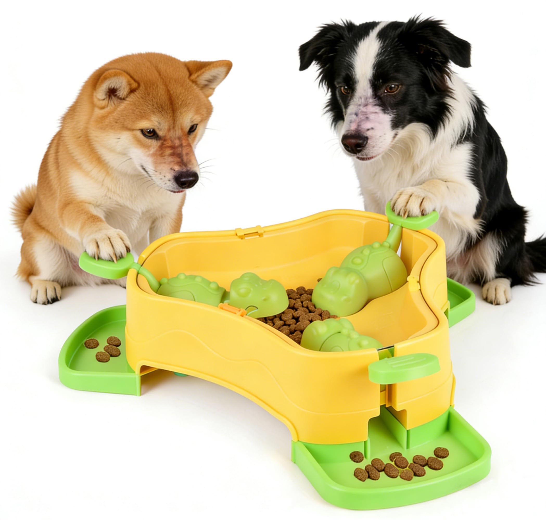 Dog Cat Treat Dispenser Slow Feeder Toy, 3-in-1 Interactive Dog Puzzle Press Toys, Dog Enrichment Toy No-Slip Interactive Brain Training Toys for Smart Dog Cats (Yellow/Green)