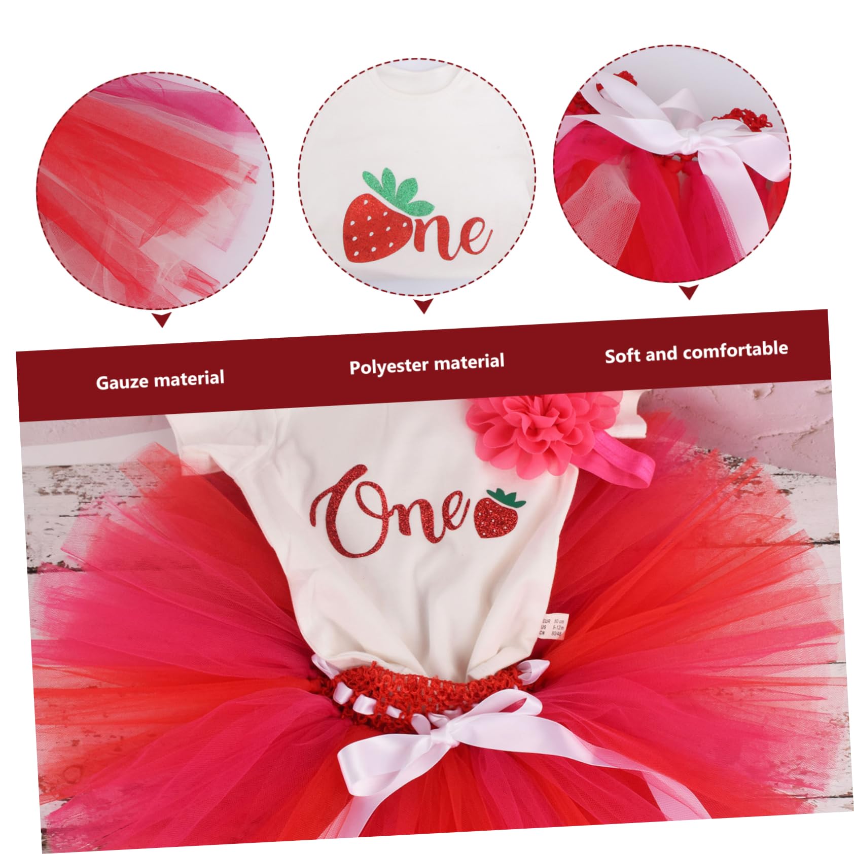 Amosfun Set Abbigliamento Gonna per Bambina 1 Anno in Poliestere | 3 Pezzi, Rosso, per Foto e Carnevale, Tessuto Gauze, Facile da Togliere
