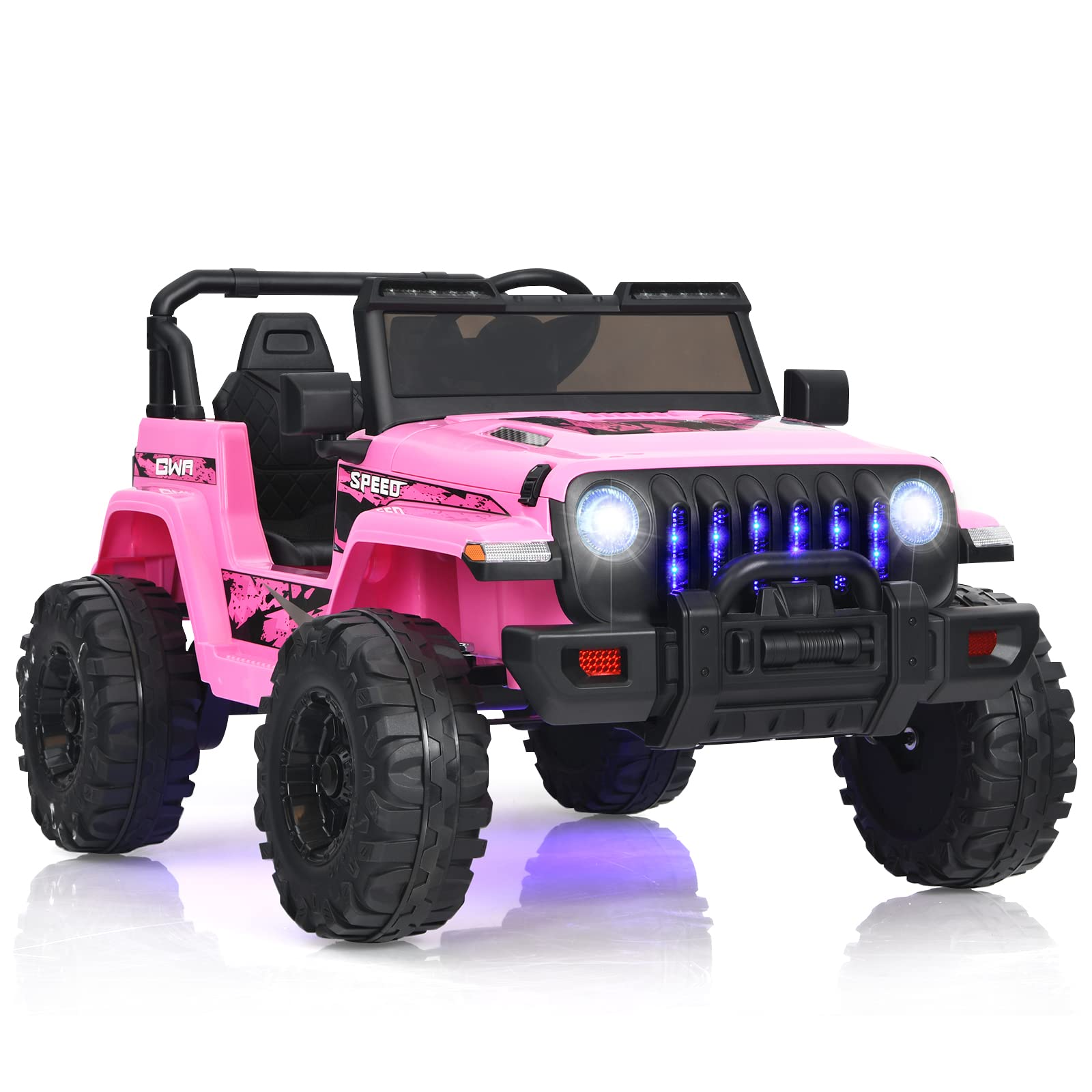 COSTWAY 12V Kids Ride on Truck, Battery Powered Electric Cars with Remote Control, LED Lights, Safety Belt, Bluetooth, Music & Horn, High/Low Speeds Ride on Toys for Boys Girls (Pink)