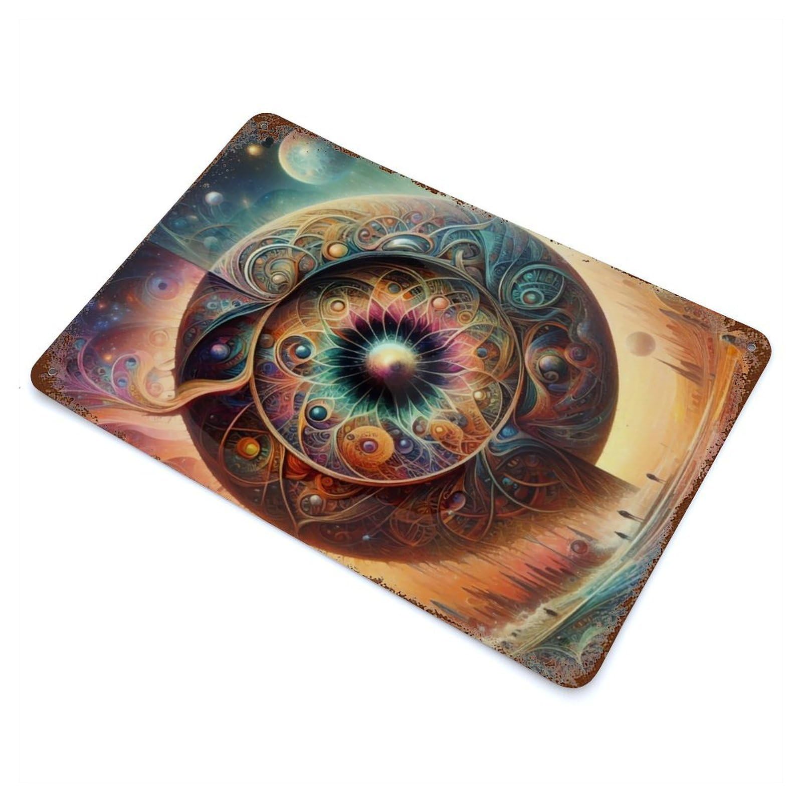 Vintage Rust Metal Sign with Cosmic Mandala Design 11.8"x7.9", for Garage, Bar And Workshop Decor, Retro Wall Decor