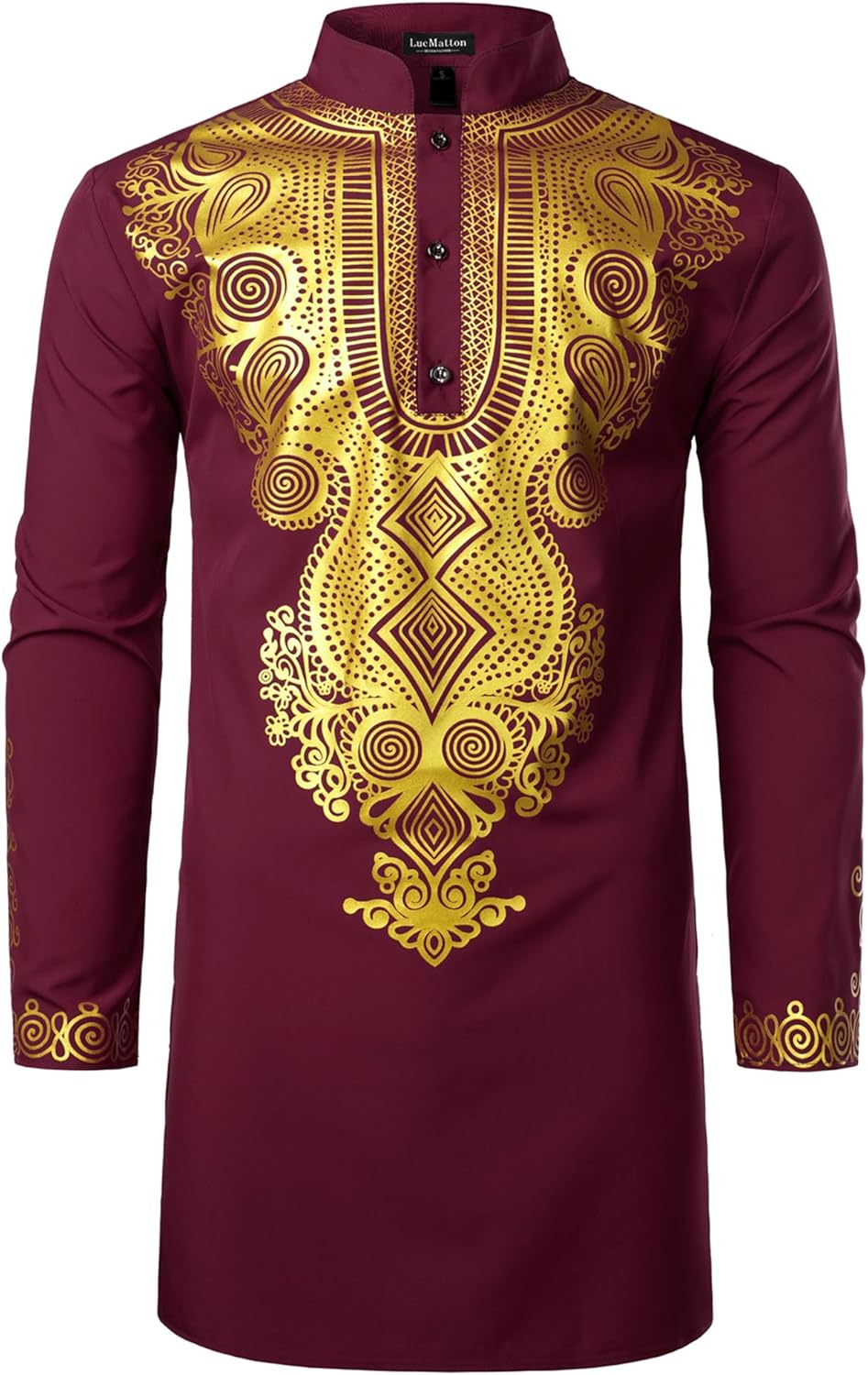 LucMatton Men's African Traditional Dashiki Luxury Metallic Gold Printed Mid Long Shirt
