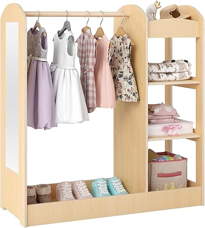 Costzon Kids Dress up Storage with Mirror, Clothes Rack, 3-Tier Shelves, Bottom Tray, Pretend Play Costume Dresser Organizer Center, Open Hanging Armoire Closet for Little Girls (Natural)