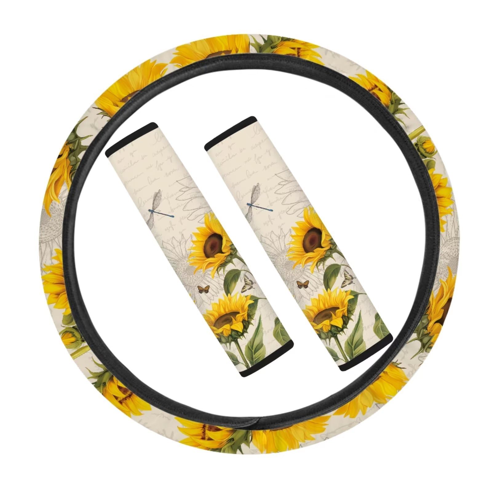 Tupalatus Non-Slip Neoprene Steering Wheel Cover for Women Girls Steering Wheel Protector 3 Packs Steering Accessories Set with Seat Belt Shoulder Pads, Sunflower Dragonfly Retro