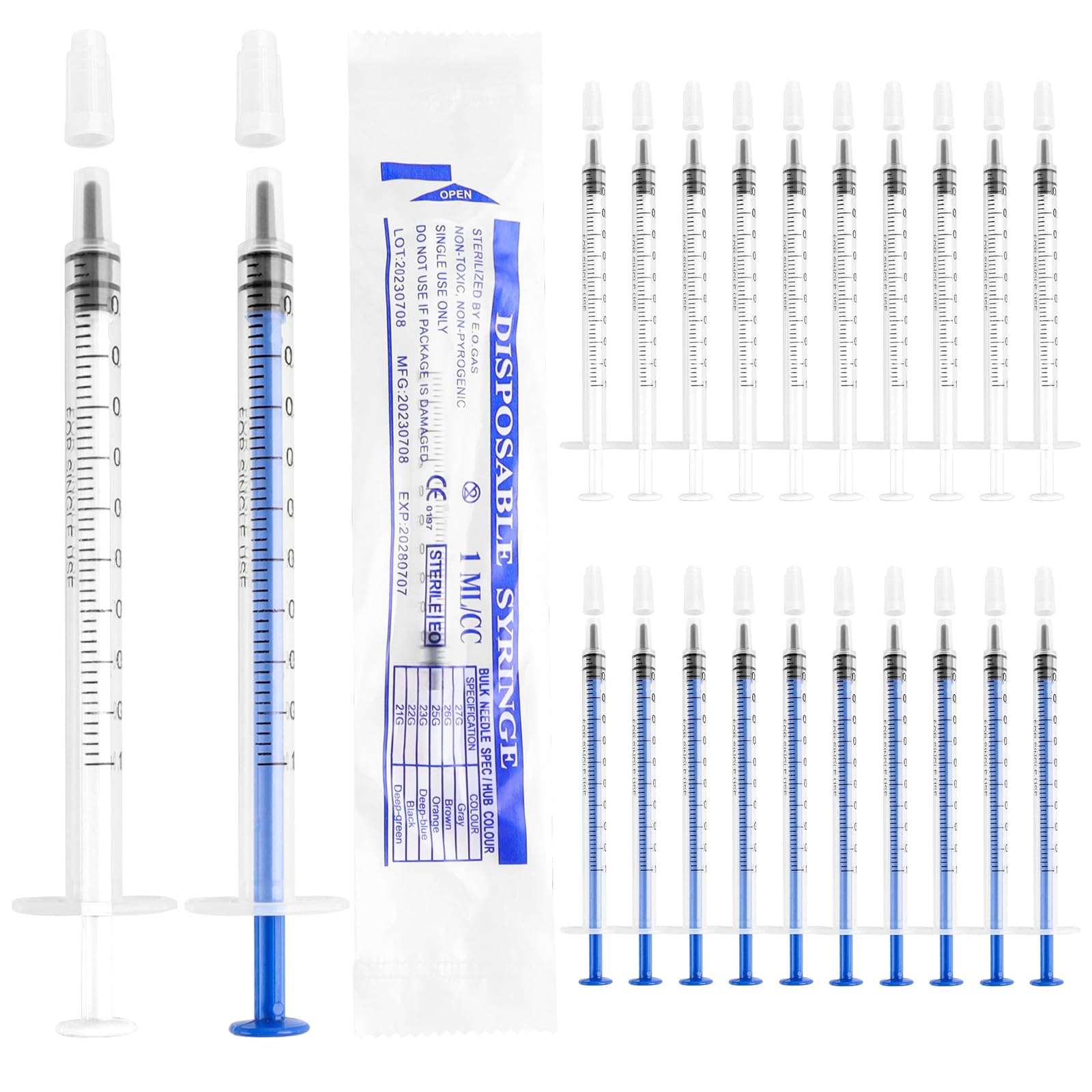 20 Stück Spritze 1 ml Spritzen Kolostrum Spritze Kolostrum Sammler Kunststoffspritzen mit Kappen Ohne Nadel für Nachfüllen und Messen von Flüssigkeiten wissenschaftliche Labors (Blau+Weiß)