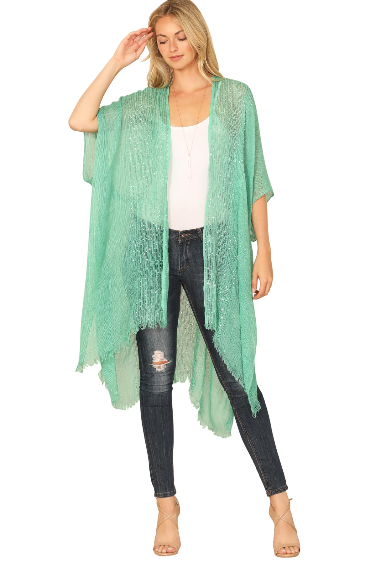 RIAH FASHION Bohemian Sequin Glitter Shawl Wrap Poncho - Kimono Cardigan, Sparkly Metallic Mesh Scarf, Open Knit Crochet