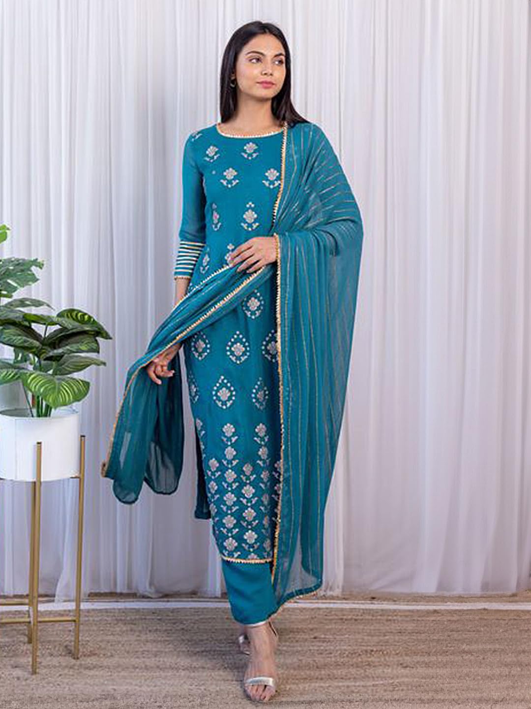 FUSIONIC Teal Color Base Kurta Set With Dupatta - S SIZE 1