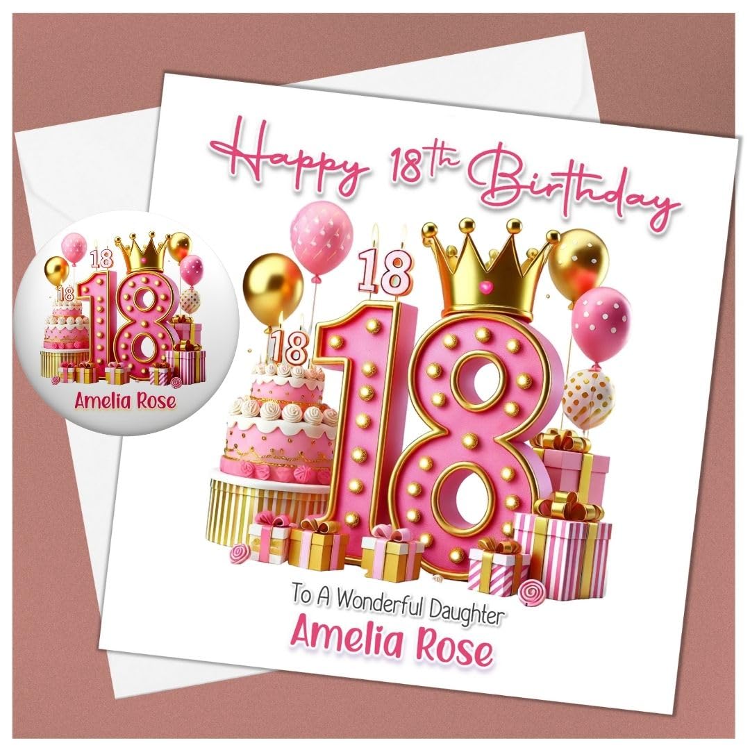 Large Personalised 18th Girls Birthday Card for Daughter Sister Niece Granddaughter Goddaughter Eighteen Today Eighteenth Womans for Her (Large Card & Badge)