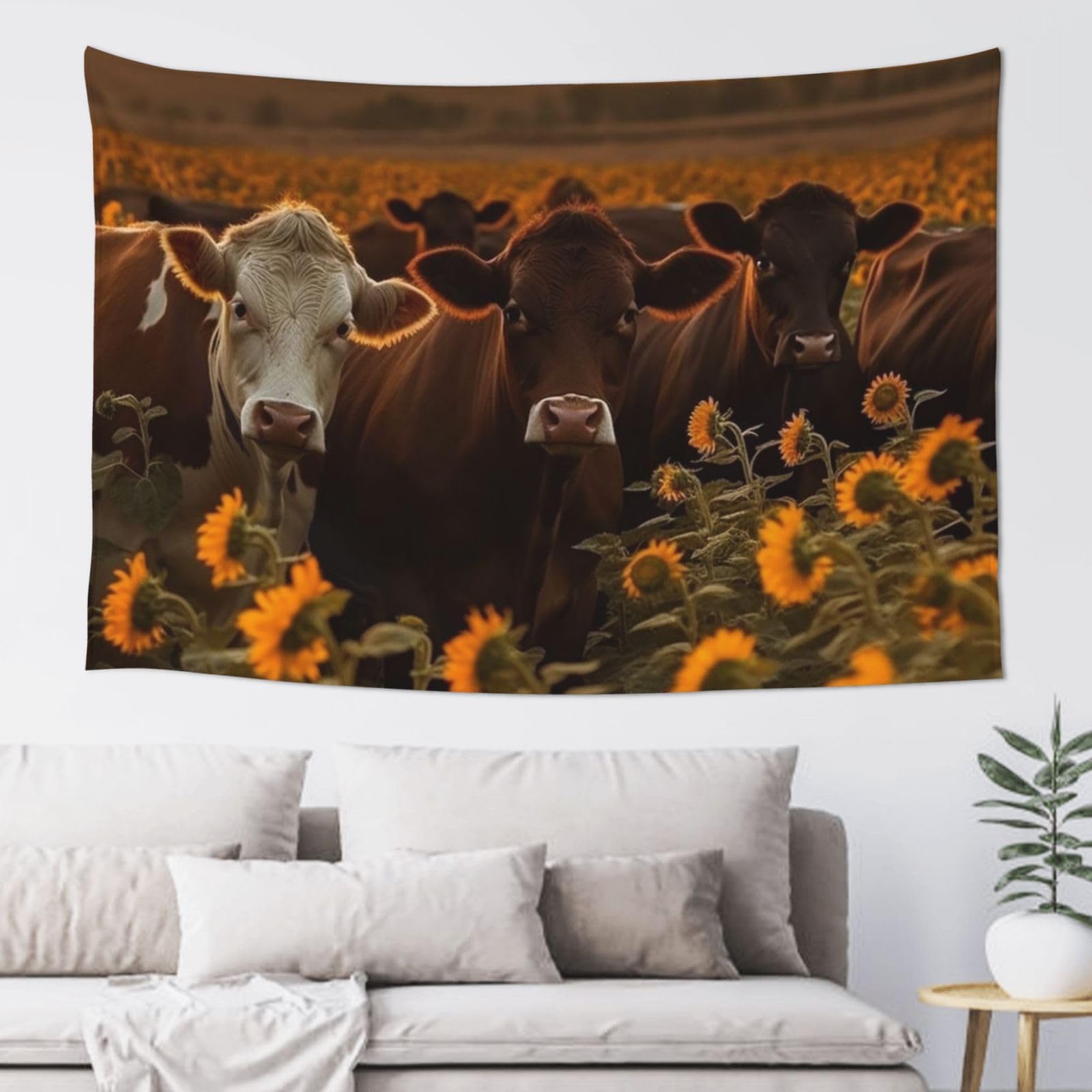 MXDLKSWPOH Tapestry 152x102 cm Art Wall Hanging for Living Room Modern Soft Aesthetic Tapestries Poster Cows and Sunflowers Tapestry Home Decoration Large Wall Tapestries for Bedroom Dorm Decor