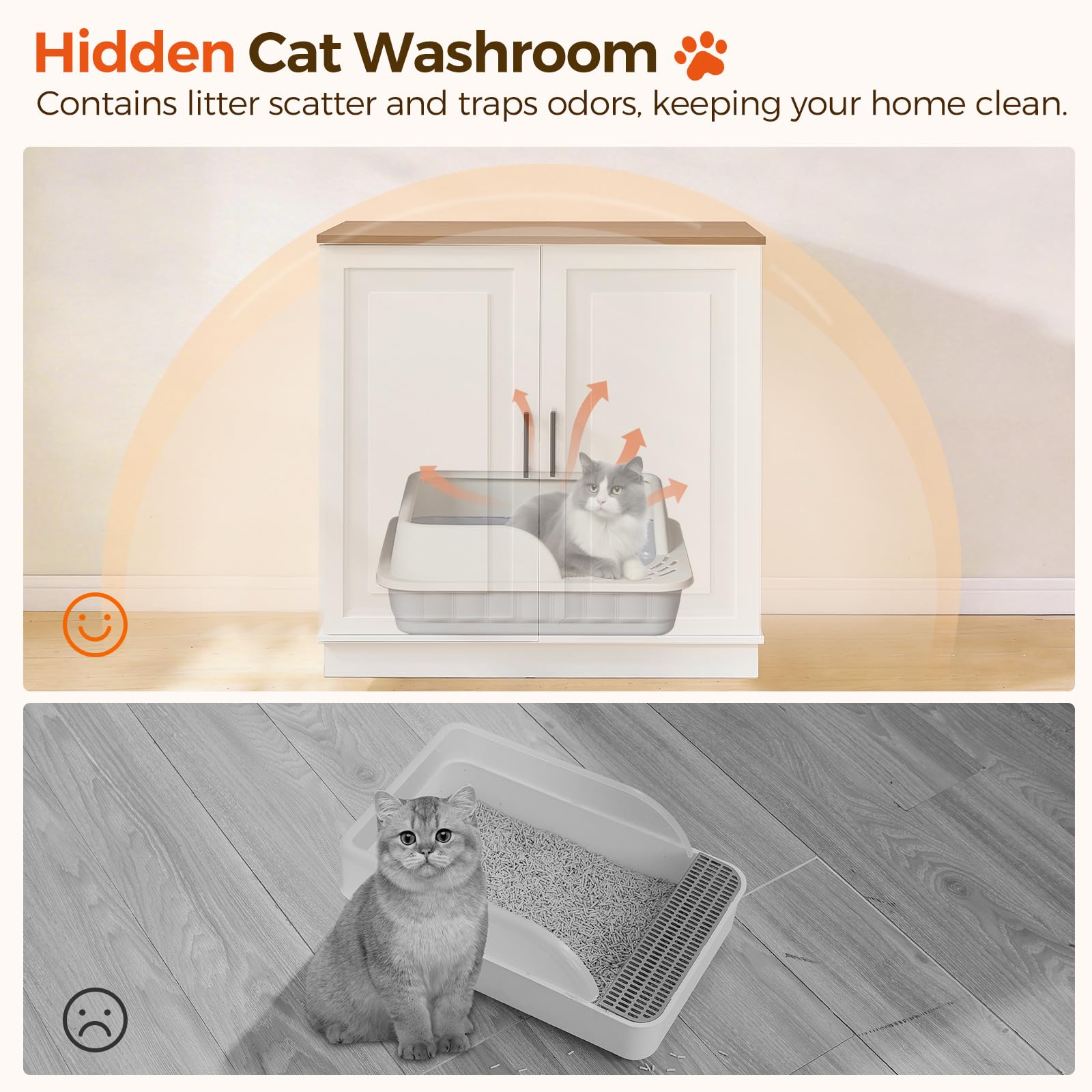 MAHANCRIS Large Cat Litter Box Enclosure, 33.5" Tall Hidden Litter Box Furniture for Self Cleaning Litter Box, Farmhouse Wooden Litter Box Cabinet, Cats House, Side Table, White and Walnut CWBZ3501 - image 6