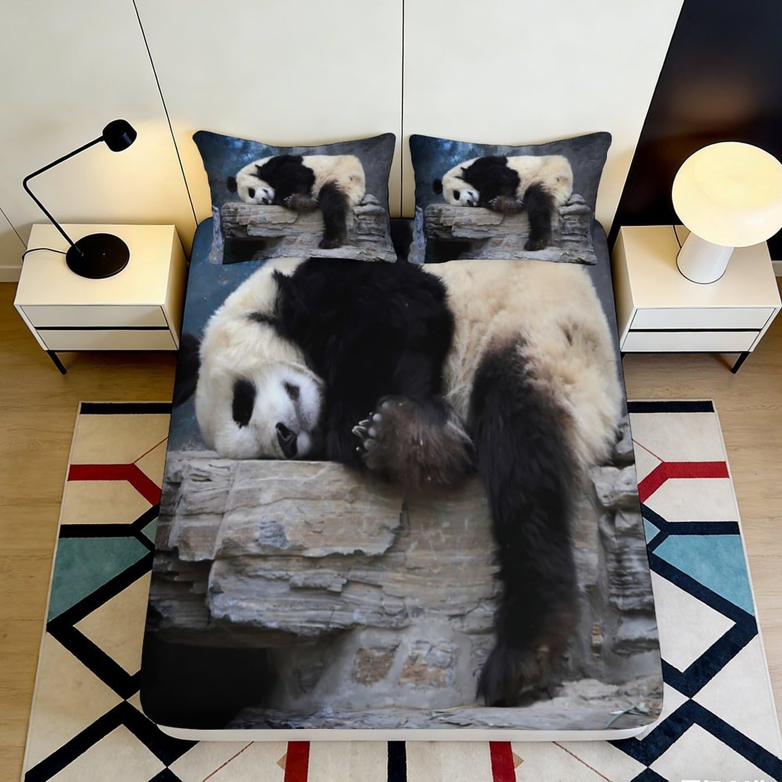 3D Printed Sleeping Panda Fitted Sheet Microfiber Soft Durable Panda Pattern Bed Cover for Bedroom Dormitory Guest Room Mattress Protection 120x200x25cm