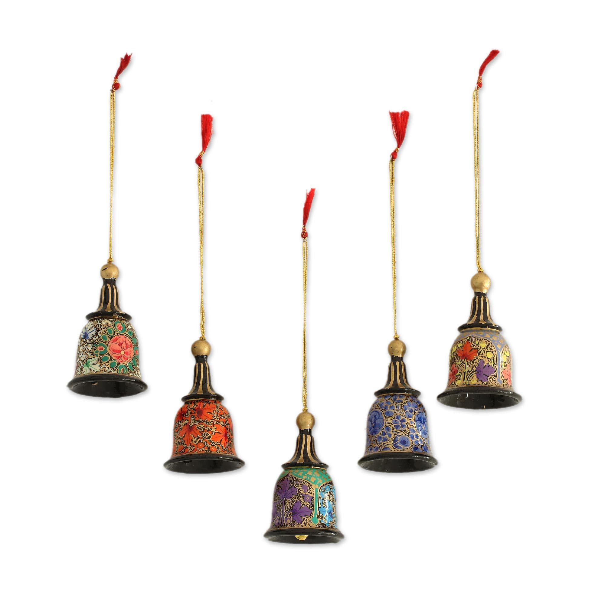 NOVICA Artisan Handmade Papier Mache Ornaments Bell Set of 5 from India Multicolor Holiday Decor Painted Floral Christmas [ 3.5in H x 2in Diam.] '