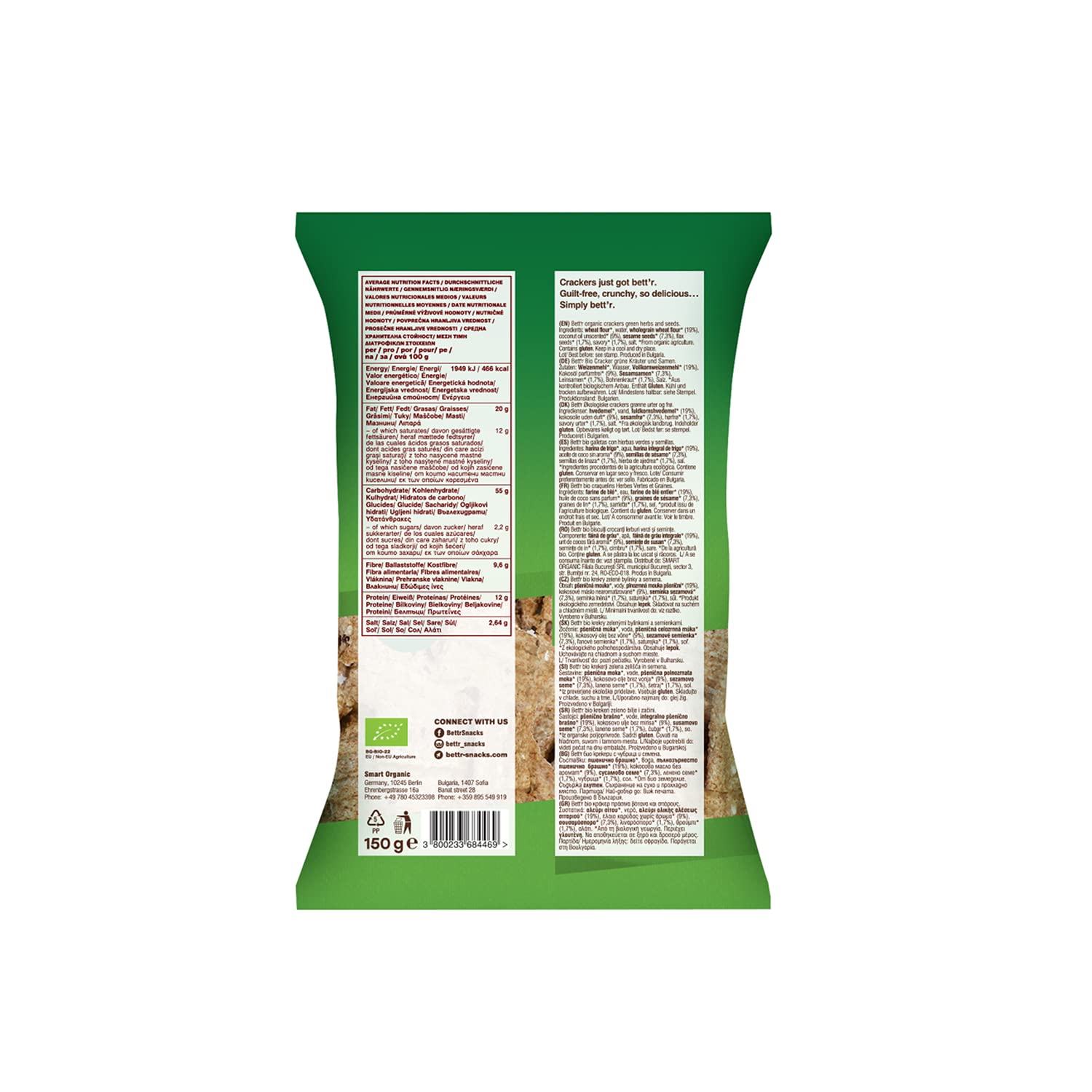 Bett’r Seed Crackers Grüne Kräuter. Bio, Vegan, Organisch Nuss und Samen Snacks-10 x 150 g