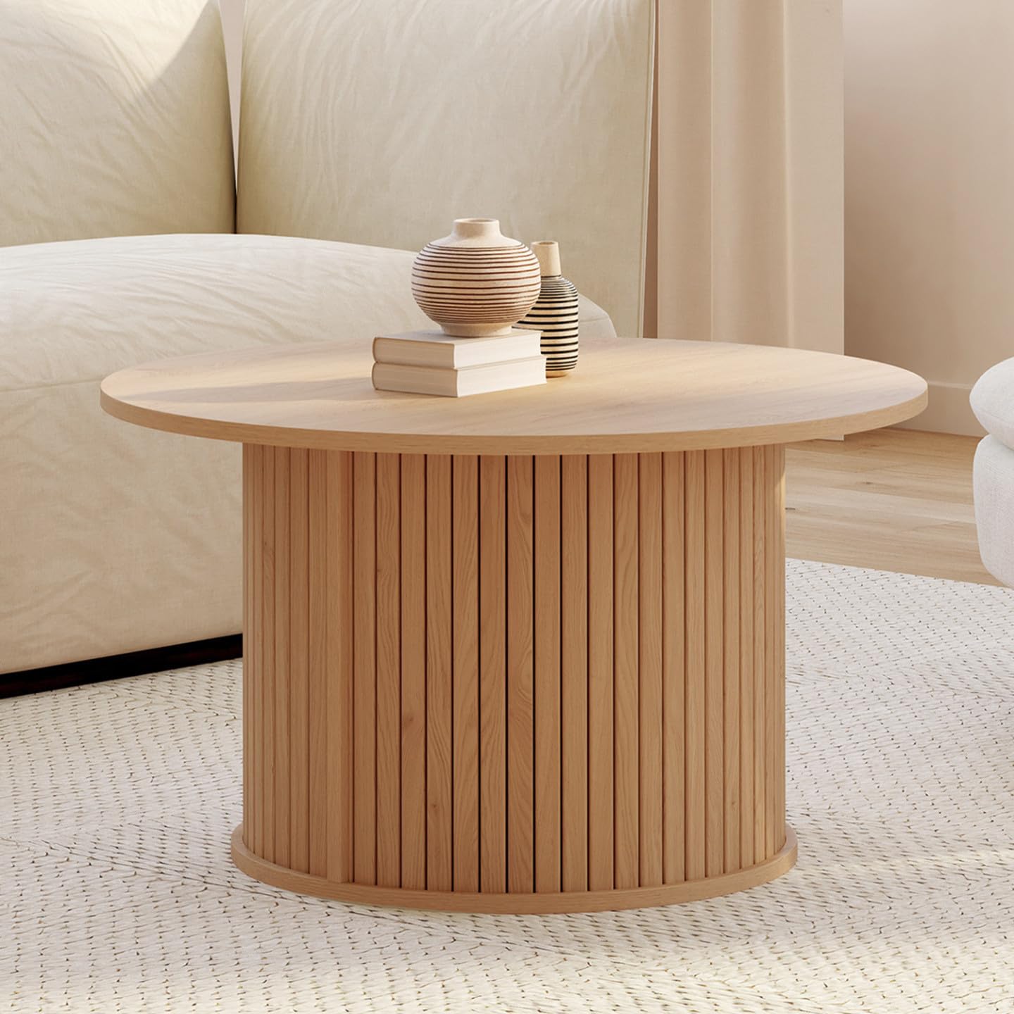 IDMarket - Table Basse Ronde Juliette 70 cm Lattes tasseau Bois Coloris chêne