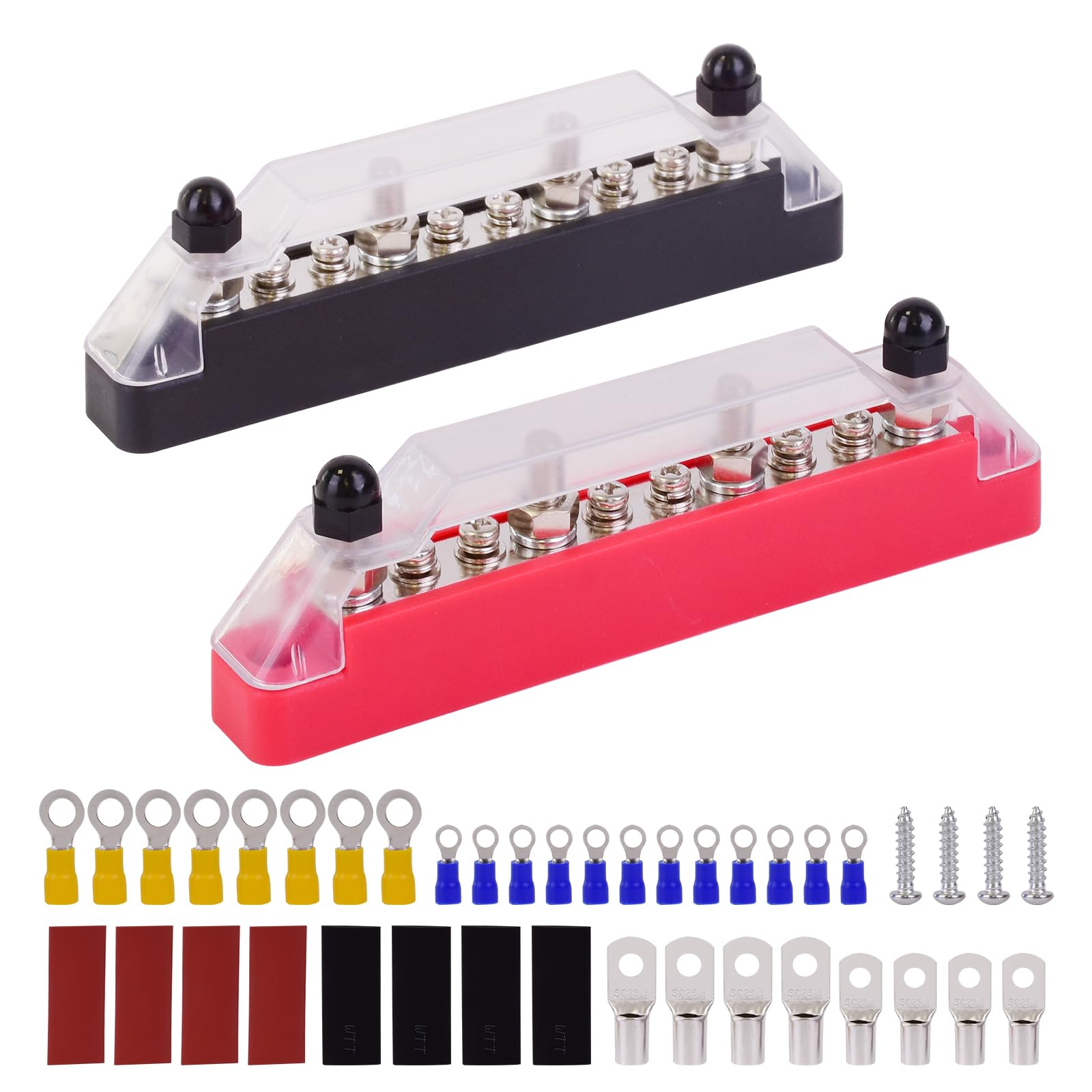 Bus Bar 12V 150A，6*#8(M4) and 4 * 1/4"(M6) Stud Power Distribution Block, Battery Bus bar for marien，Buss Bar 12V for Car、Boat and Solar Wiring (Black+Red)-picture-25
