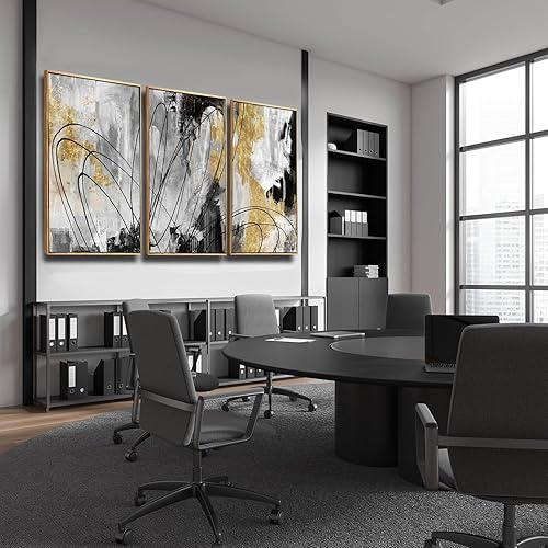 Miniatura 3 de YJYart Arte de Pared Dorado Arte de Pared Abstracto Decoración de Sala de Estar Cuadro de Lienzo Blanco y Negro Decoración del Hogar Marco de Madera