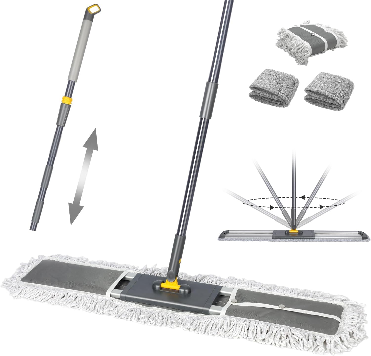 Masthome Flat Mop, Extra Wide Dust Mops, Adjustable Stainless Steel Handle, Cleaning Mop Commercial and Household Use, Mop with 1 Washable Cotton Pads & 2 Microfiber Pads