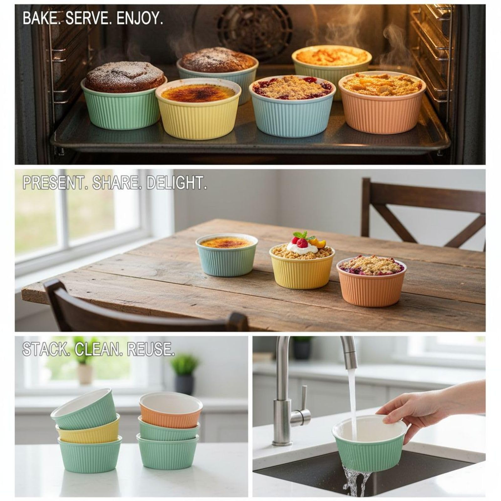 Lot de 4 ramequins en céramique, compatibles four, ramequins à soufflé en porcelaine 300 ml, bols à pudding empilables à rayures verticales, bleu, jaune, blanc, rose, 11,5 x 11,5 x 5,5 cm