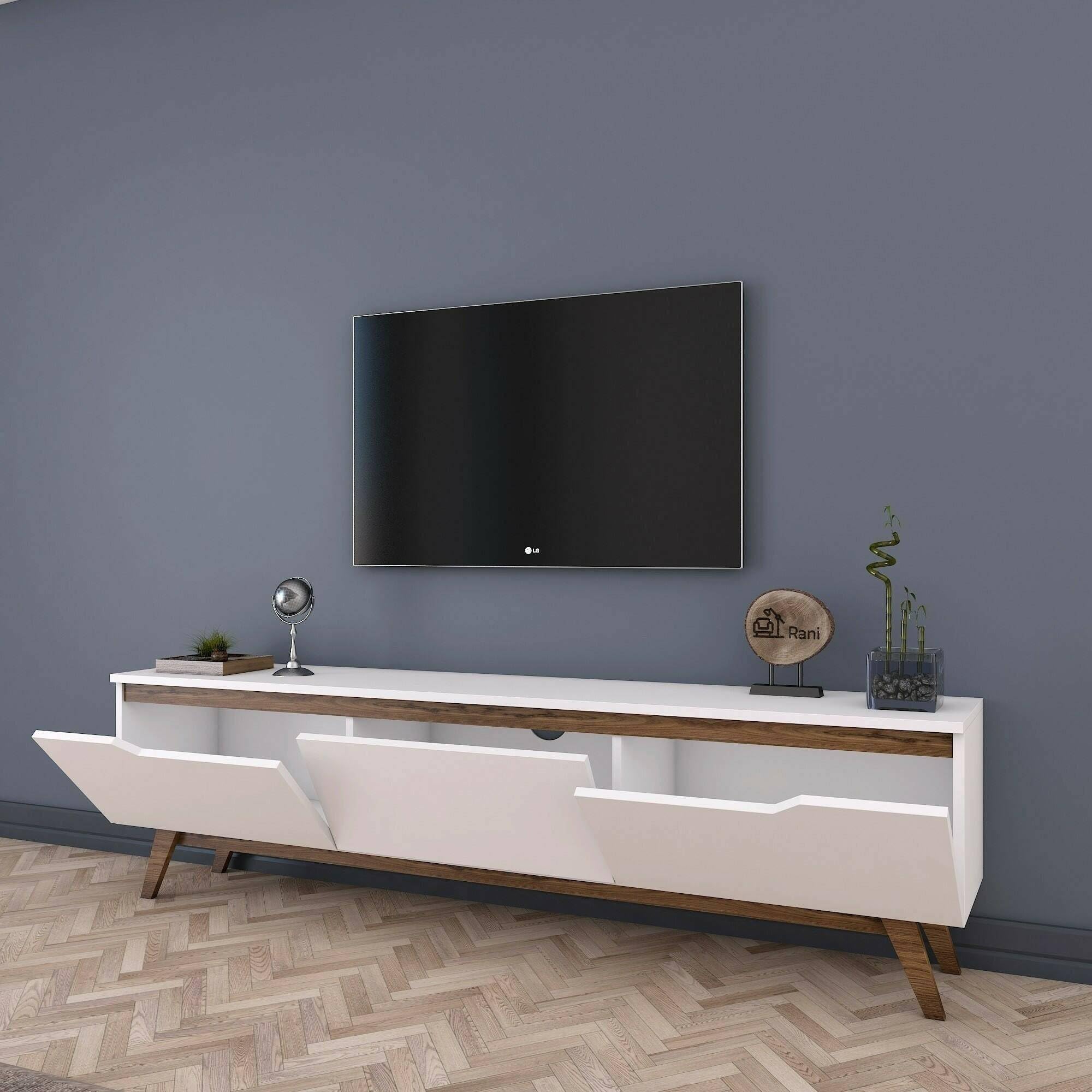 Dmora - Mobile porta TV Cor, Credenza da soggiorno, Armadio basso per TV, Base parete attrezzata, 180x35h49 cm, Bianco e Noce
