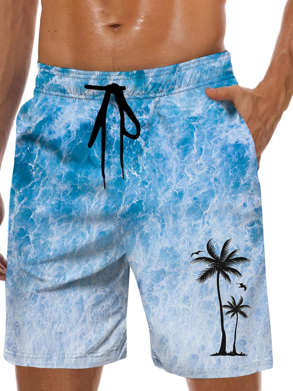 Lzzidou Men's Swim Trunks Hawaiian Bathing Mesh Lining Suit Swimsuits Beach Shorts with Pockets, Blue Wave, 3XL