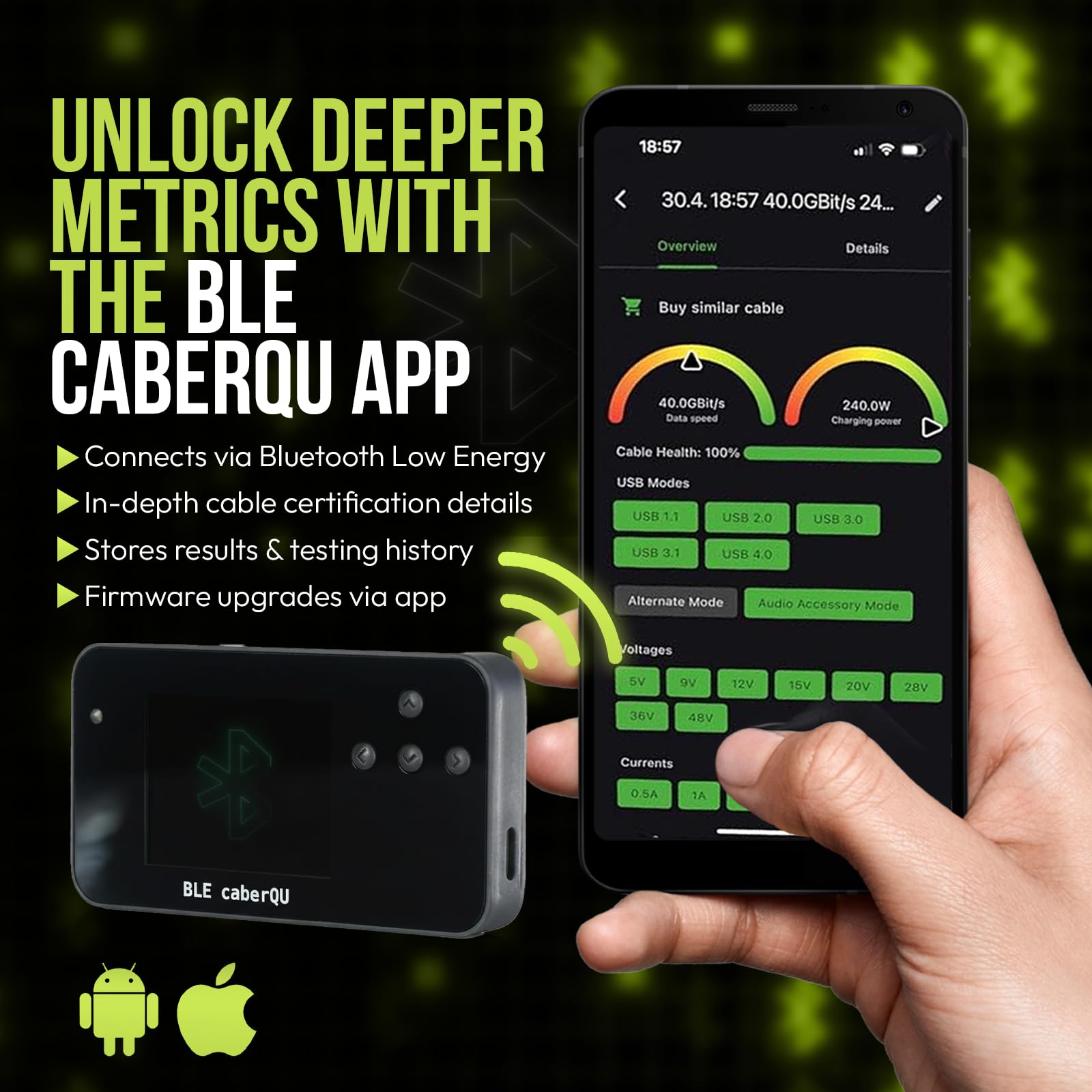 BLE caberQU Digitaler USB-C-Kabeltester, USB PD 3.0/3.1/3.2 eMarker-Anzeige, 25-polige Kontinuitäts-Pinbelegung, USB 2/3/4, Kabelwiderstand, iOS & Android App (BLE caberQU Displayschutz-Kit)