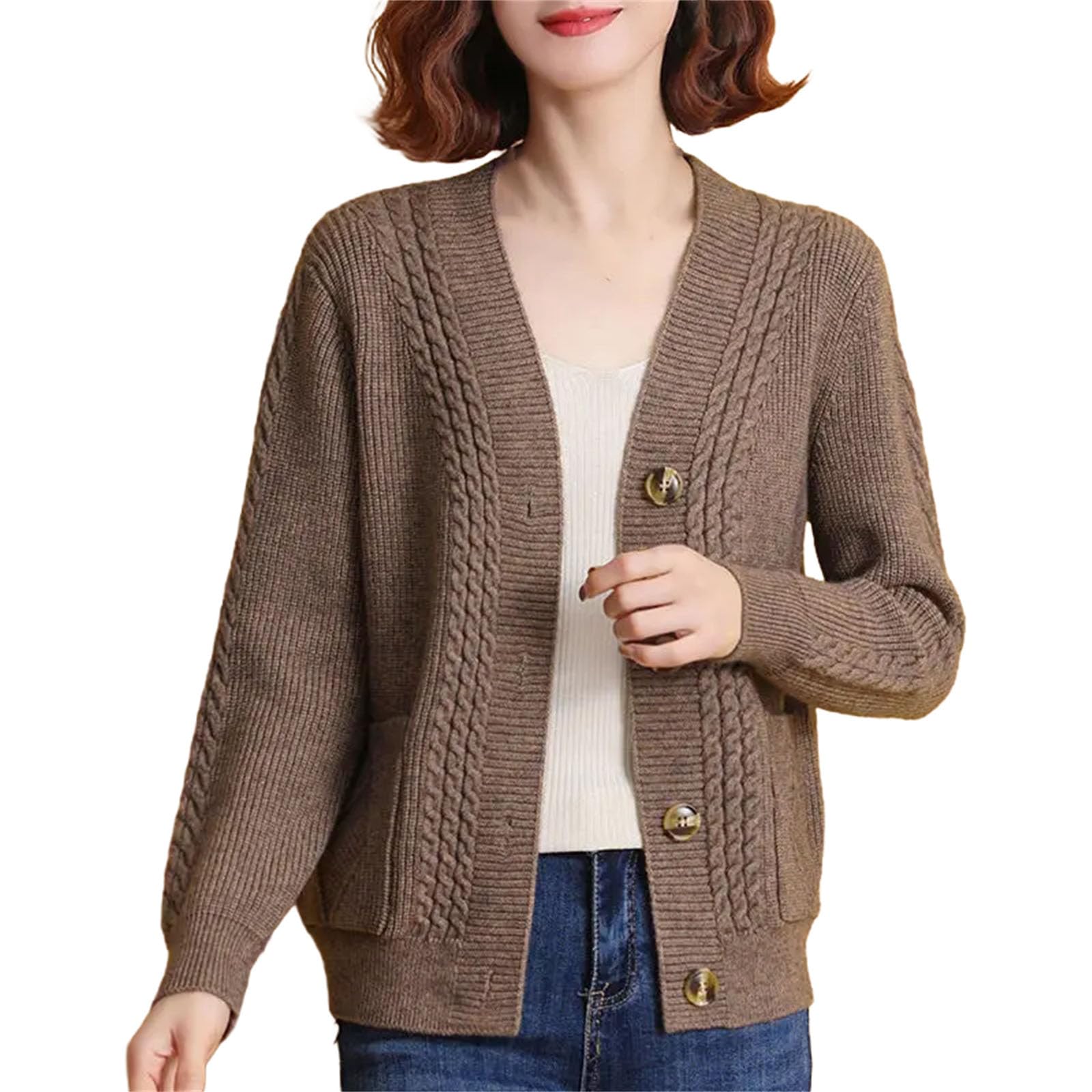Cárdigan de punto para mujer, casual, manga larga, parte delantera abierta, con botones, a la moda, ropa de abrigo