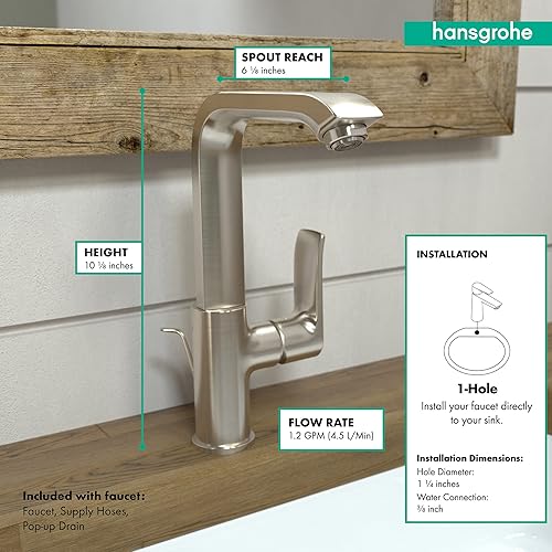 Miniatura 4 de hansgrohe Metris 31087821 - Grifo de lavabo de baño de 1 agujero de 1 orificio de actualización moderna en níquel cepillado, fácil de instalar