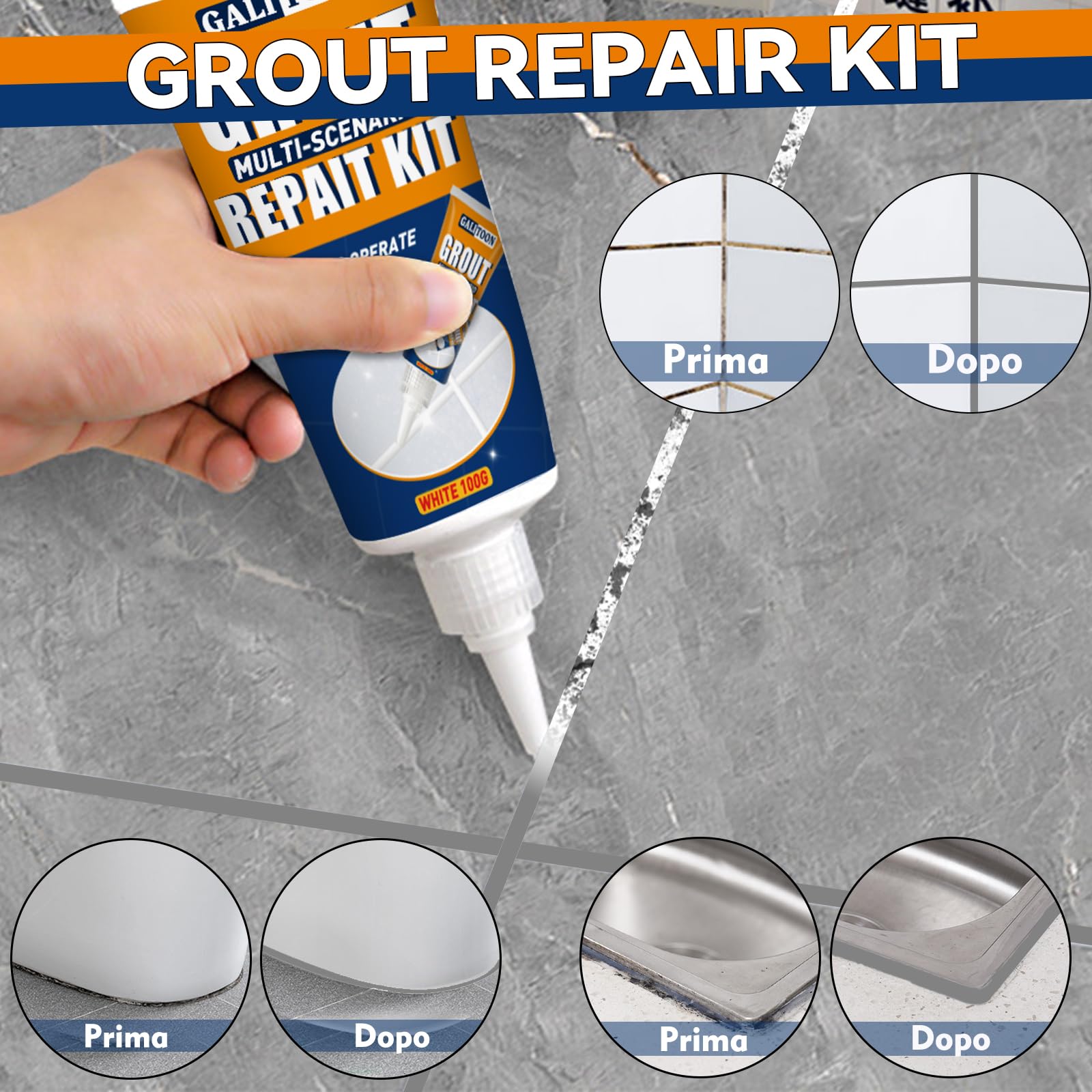 Riparazione Fughe Piastrelle, Kit Ad Asciugatura Rapida Riparazione Fughes Piastrelles, Ripristino Fughe Piastrelle Bagno Doccia Cucina Pavimento Piastrelles Vernice (Grigio, 200G)