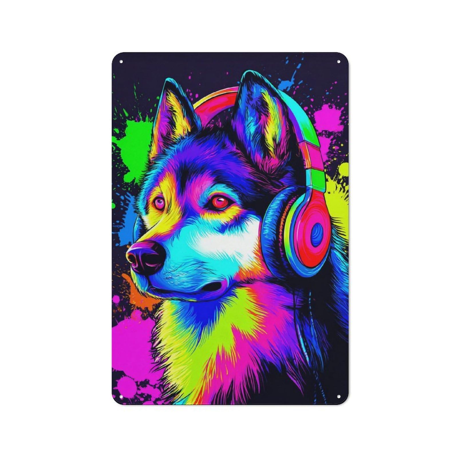 Junmoney Colorful Wolf With Headphones Office Metal Sign With Design 30X20cm, Classic Study Room Decor For Office, Study, Studio Or Hallway