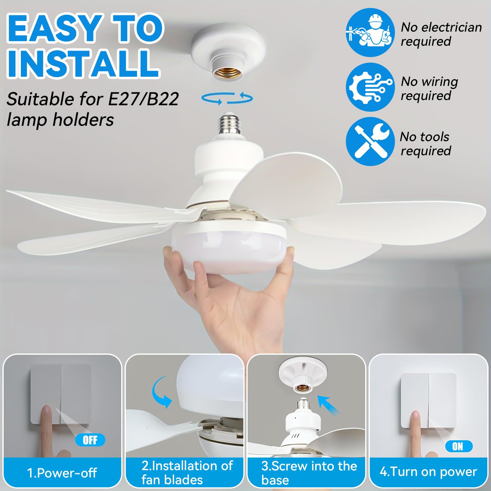 Ventilatore da Soffitto con Luce e Telecomando, 52 cm, 40 W, Ventilatore a Soffitto LED con Portalampada E27, Dimmerabile a 3 Modalità, 3 Velocità, per Soggiorno, Camera da Letto e Sala da Pranzo