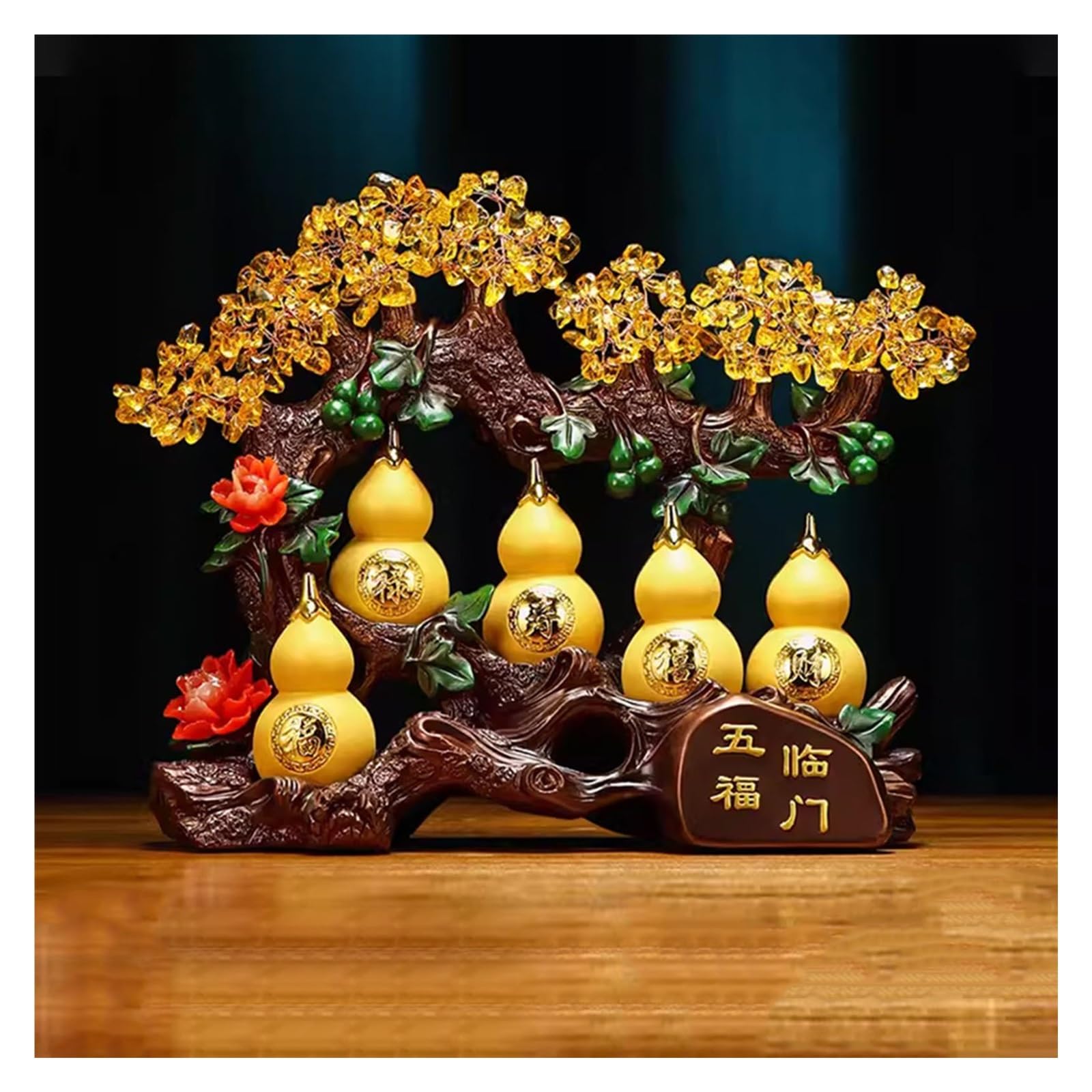 HCZKIUJY Luck and Wealth Crystal Tree Yellow Crystal Gourd Fortune Tree Crystal Bonsai Style Decoration for Luck and Wealth Housewarming Gift Crystal Bonsai Fortune Chakra (Gold L)
