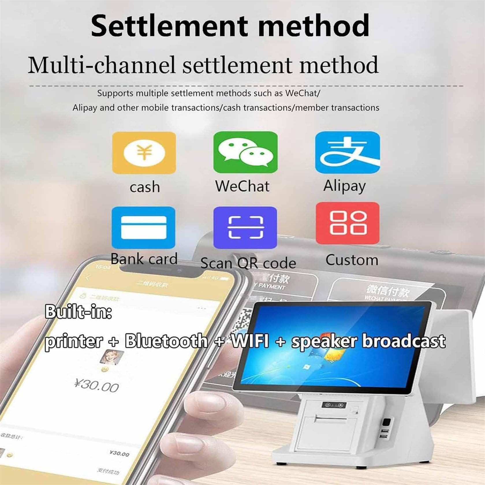 Tpv: Caja Registradora Todo En Uno De 20,4 Pulgadas Con Pantalla TáCtil Dual, Pantalla De 1366 X 768, EscáNer De CóDigo De Barras, Impresora, CajóN De Efectivo Y Punto De Venta.