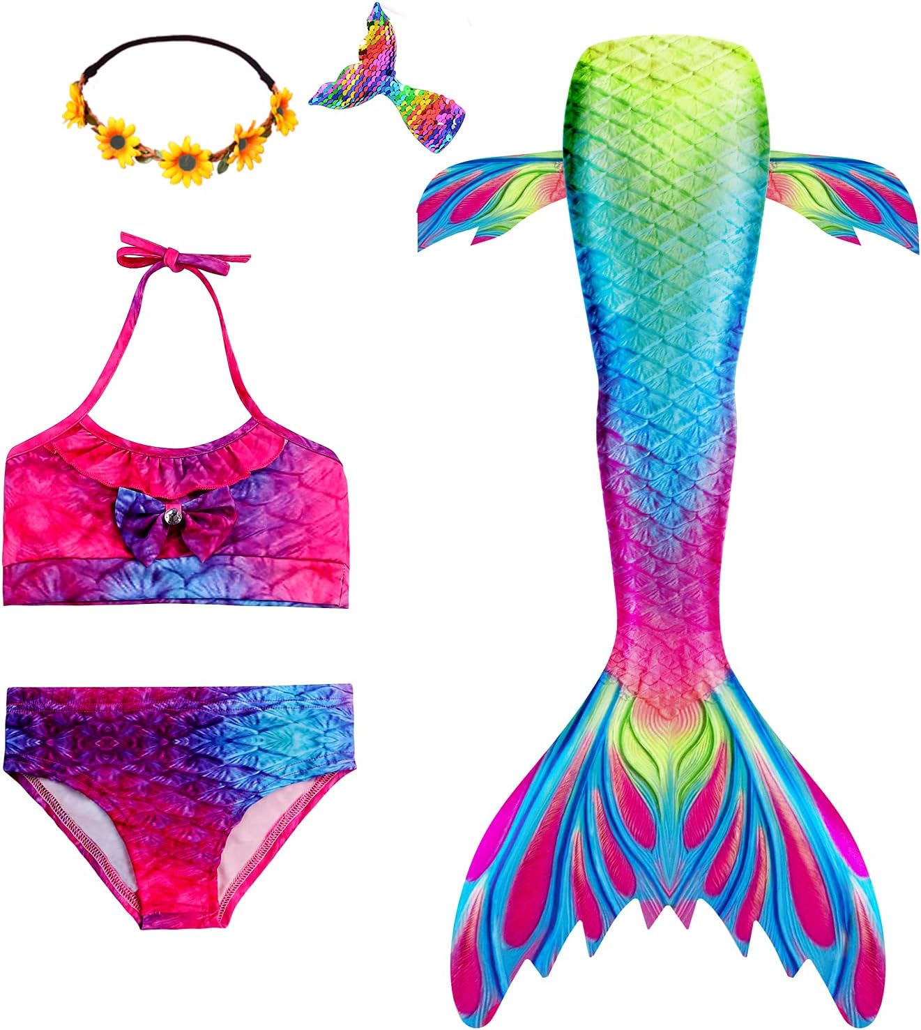 Mskseciy Mermaid Tails for Girls Swimming 3Pcs Mermaid Bathing Suit Swimsuit Princess Bikini for 3-12 Year Old