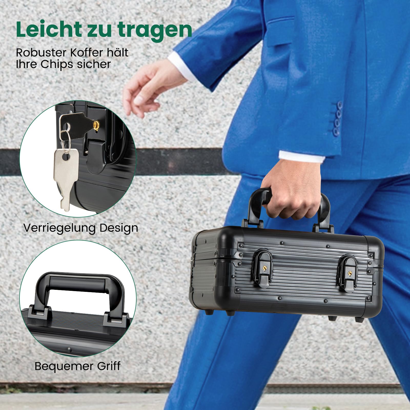 COSTWAY Zestaw do pokera z 300 żetonami laserowymi, walizka pokerowa z 2 kartami gra, guzikami do gry i 2 kluczami, kompletny zestaw do pokera, aluminium