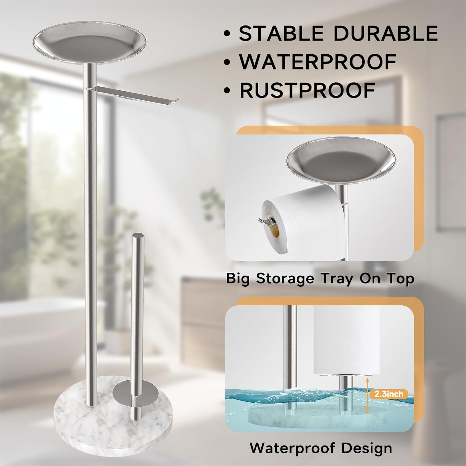Toilet Paper Holder Stand with Marble Base, Toilet Paper Holder Stand Free Standing with Phone Shelf, Large Capacity Bathroom Toilet Paper Stand Reserve for 4 Rolls (Brush Nickel)