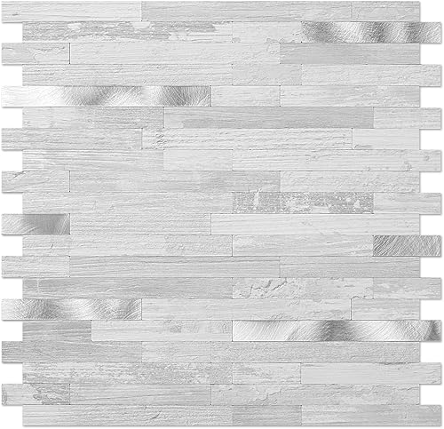 DICOFUN Azulejo para salpicaduras de pared de 10 hojas, despegar y pegar, PVC de abedul blanco, mixto de metal en azulejos para cocina, 9.4 pies