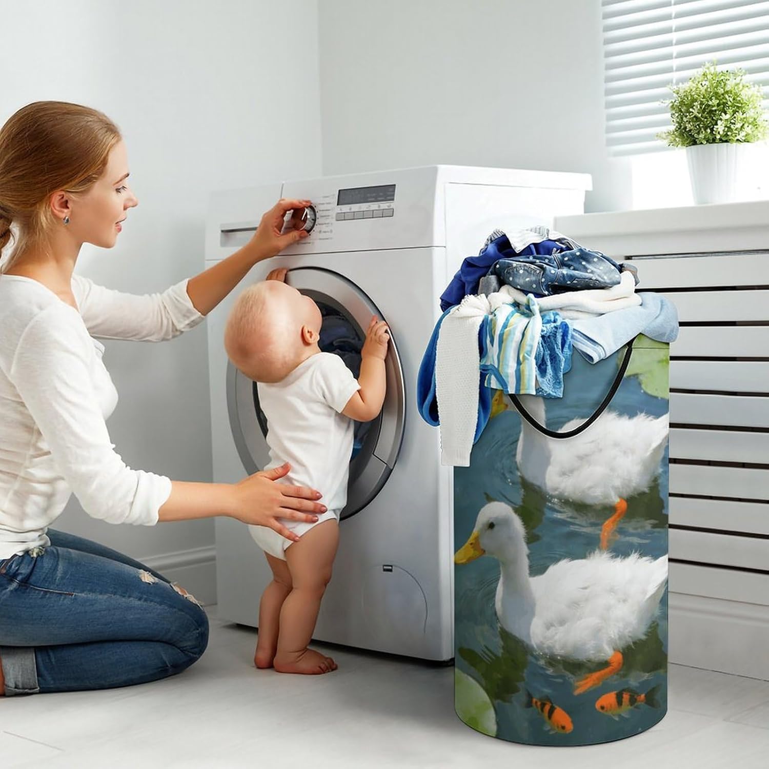 Two Ducks Laundry Hamper with Handles Waterproof Collapsible Laundry Basket Large Lightweight Round Dirty Clothes Hamper for Home Dorm Bathroom Decor