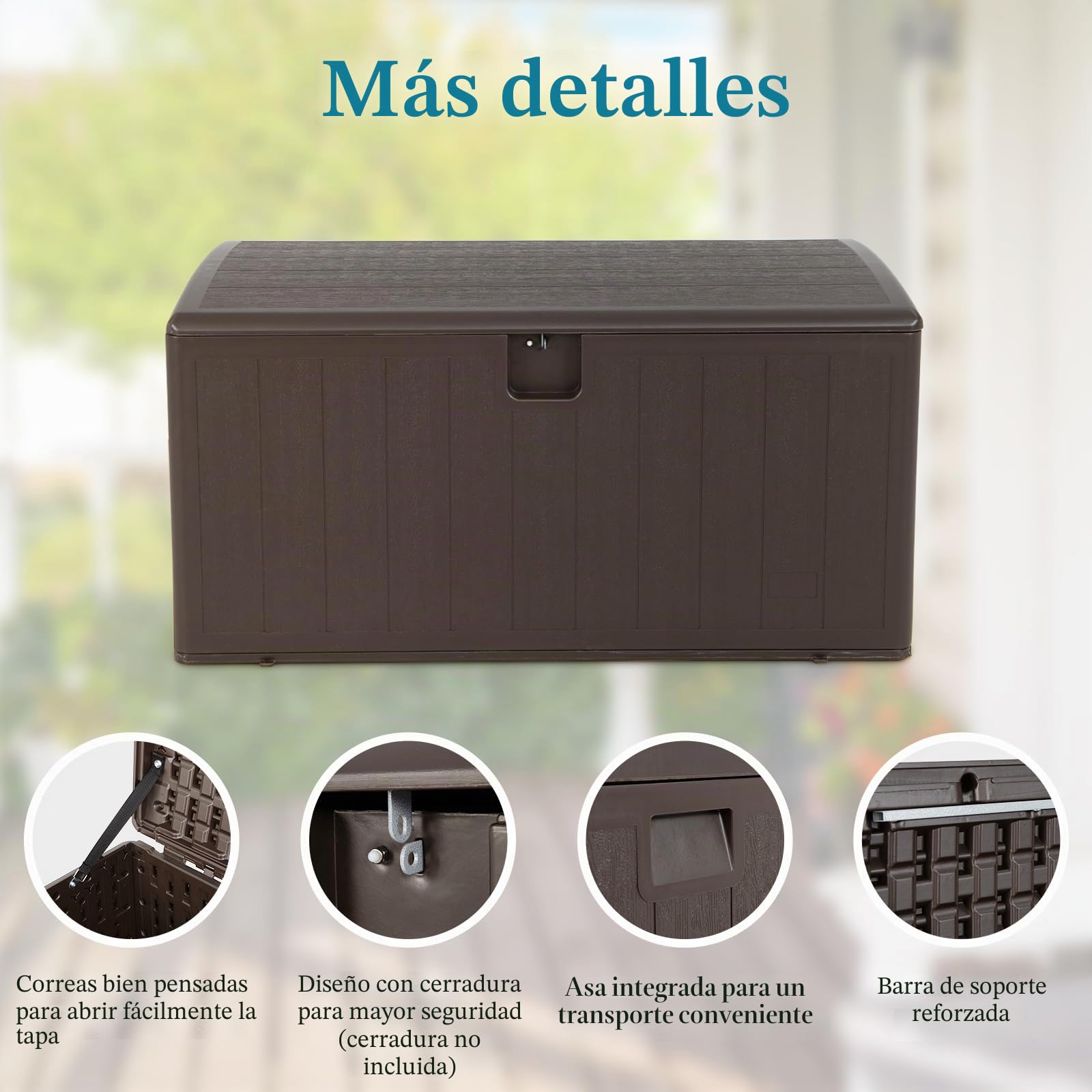 HOMASIS Arcón jardín exterior con 400 litros de capacidad, Caja de jardín impermeable, Caja para cojines con cerradura, Baúl de almacenamiento para herramientas de jardín, 127,5x64x64cm, Marrón