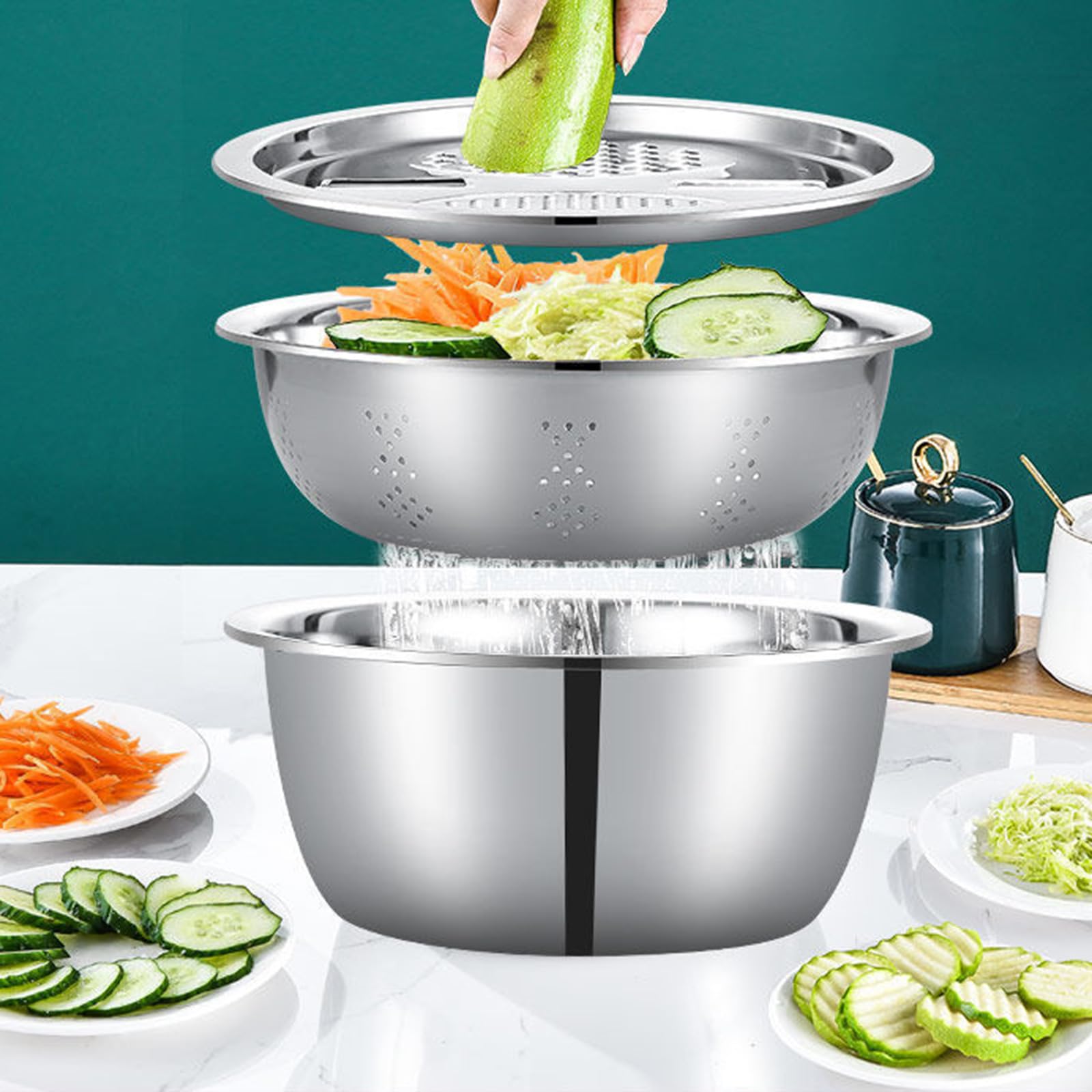 Set di 3 pezzi multiuso in acciaio inox per tagliare le verdure e scolapasta per la cucina domestica