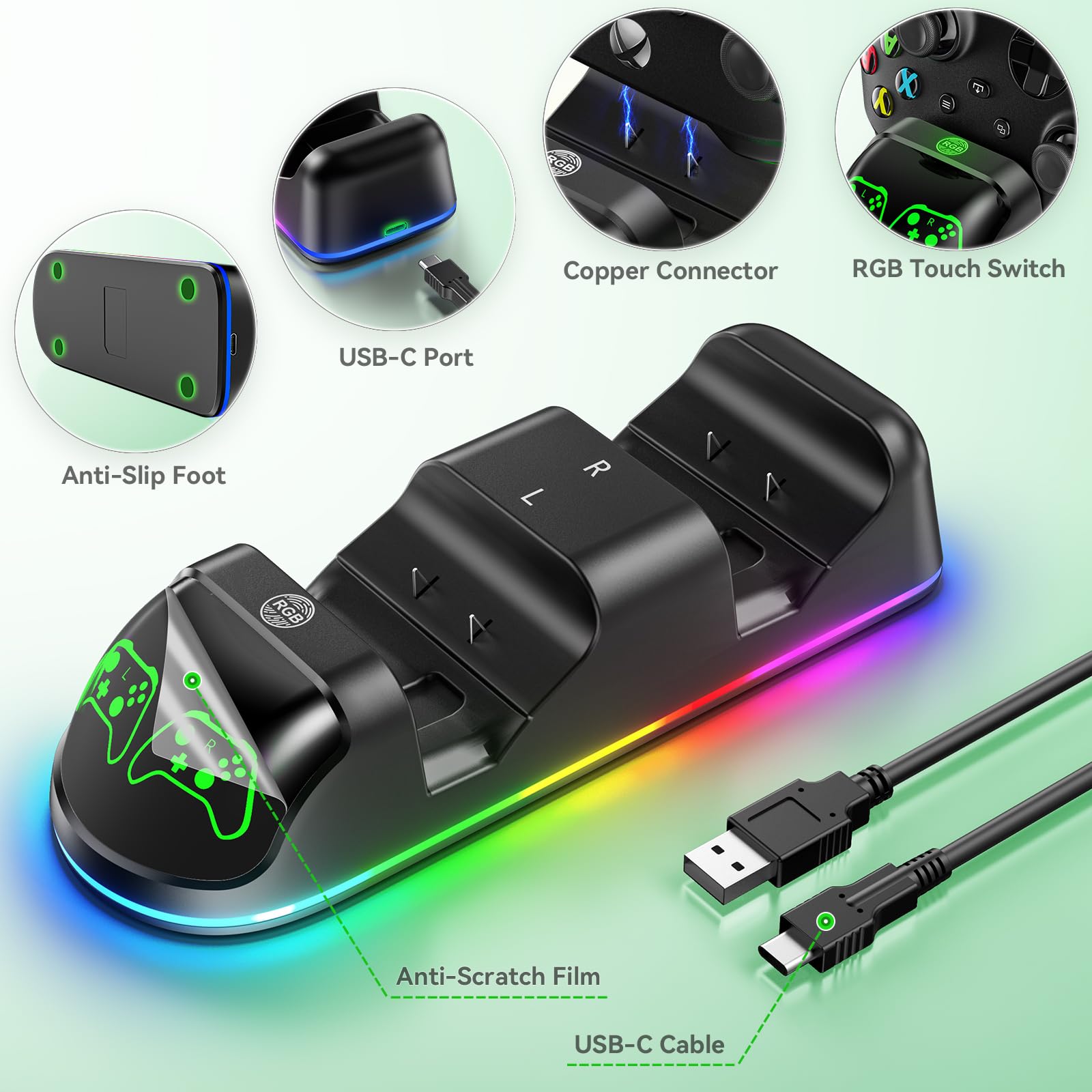 Controller Ladestation mit 2x4800mWh wiederaufladbaren Akkupacks Kompatibel mit Xbox One/Elite/Series X|S, Controller Ladestation, XB Gaming Zubehör mit 9 RGB-Modi und 4 Akkuabdeckungen