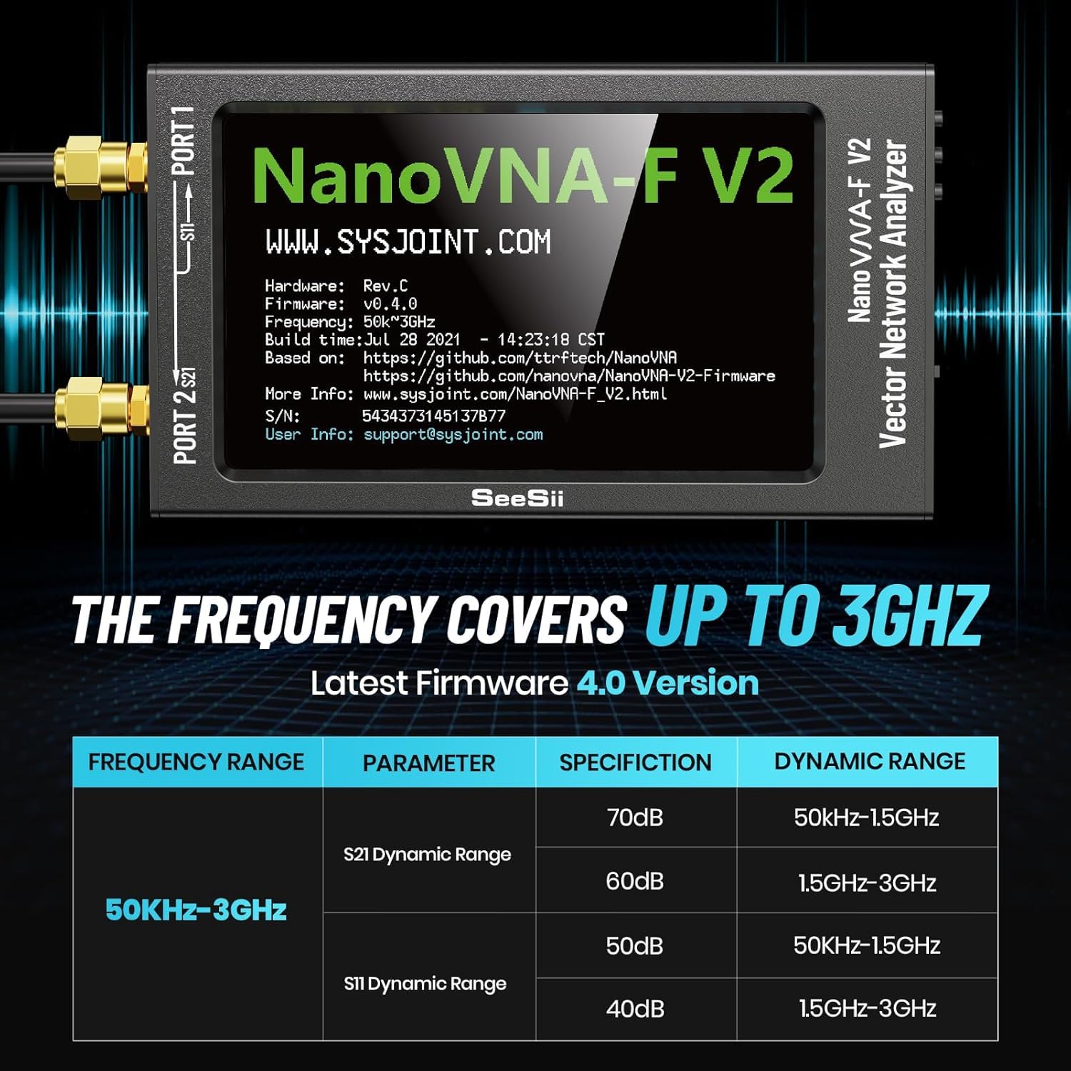 Seesii Analizzatore di Rete Vettoriale NanoVNA-F V2, Analizzatore Antenna Aggiornato 50kHz-3000MHz HF/VHF/UHF/VNA con Schermo da 4,3'' per, Misura S-Parameter Tensione SWR Fase Ritardo Smith Chart