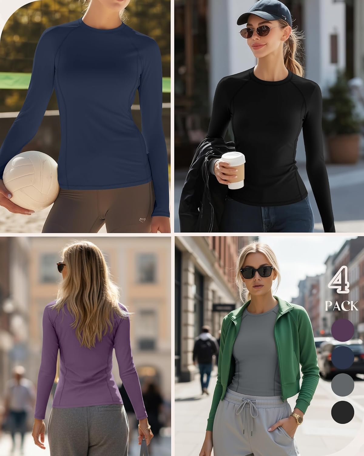 4 Pack Women's Long Sleeve Shirts Compression Crew Neck Tops Athletic Slim Fit Undershirts for Yoga Gym - Image 2