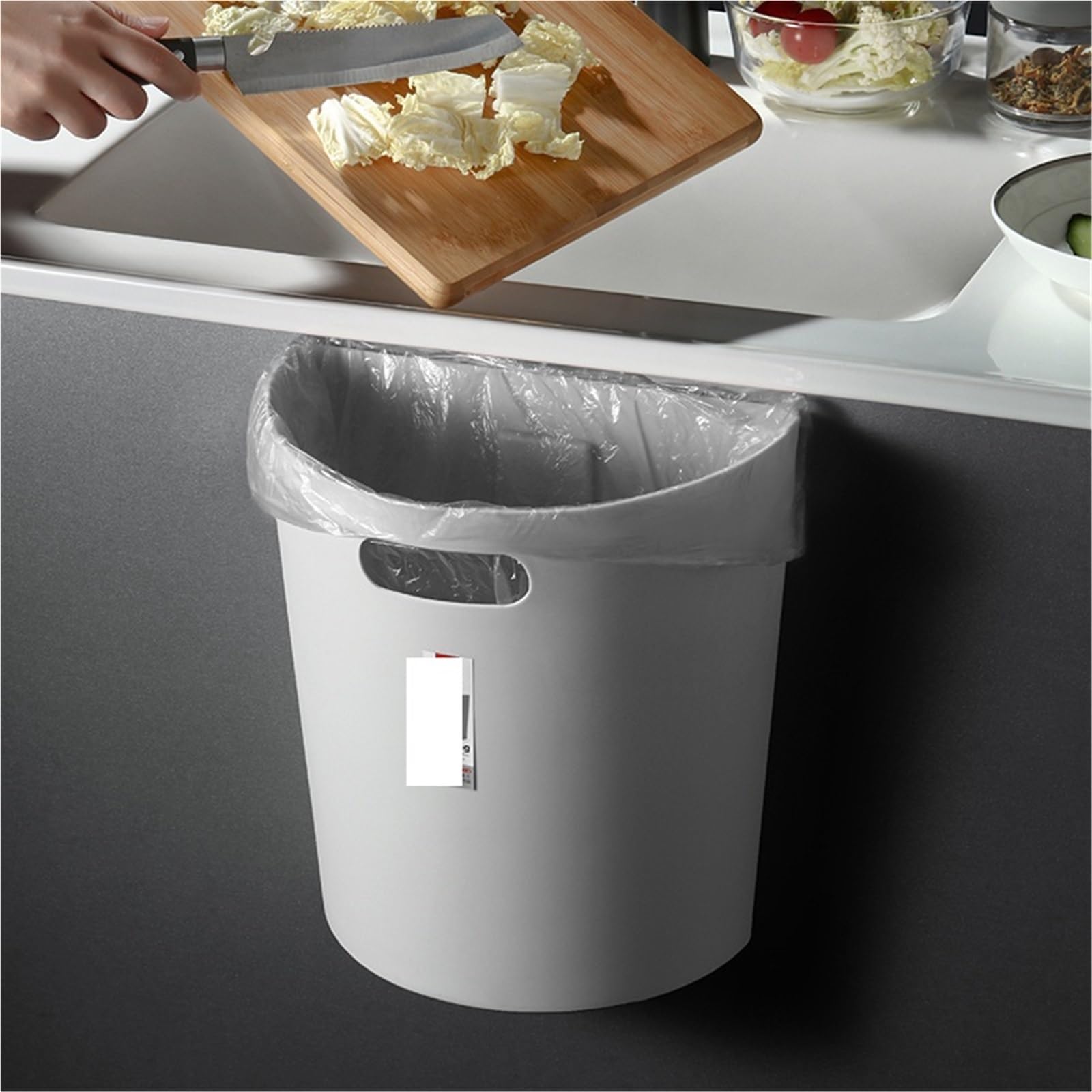 Pattumiera in plastica da cucina for rifiuti senza perforazione semirotonda montata a parete la casa del bagno(Beige M)