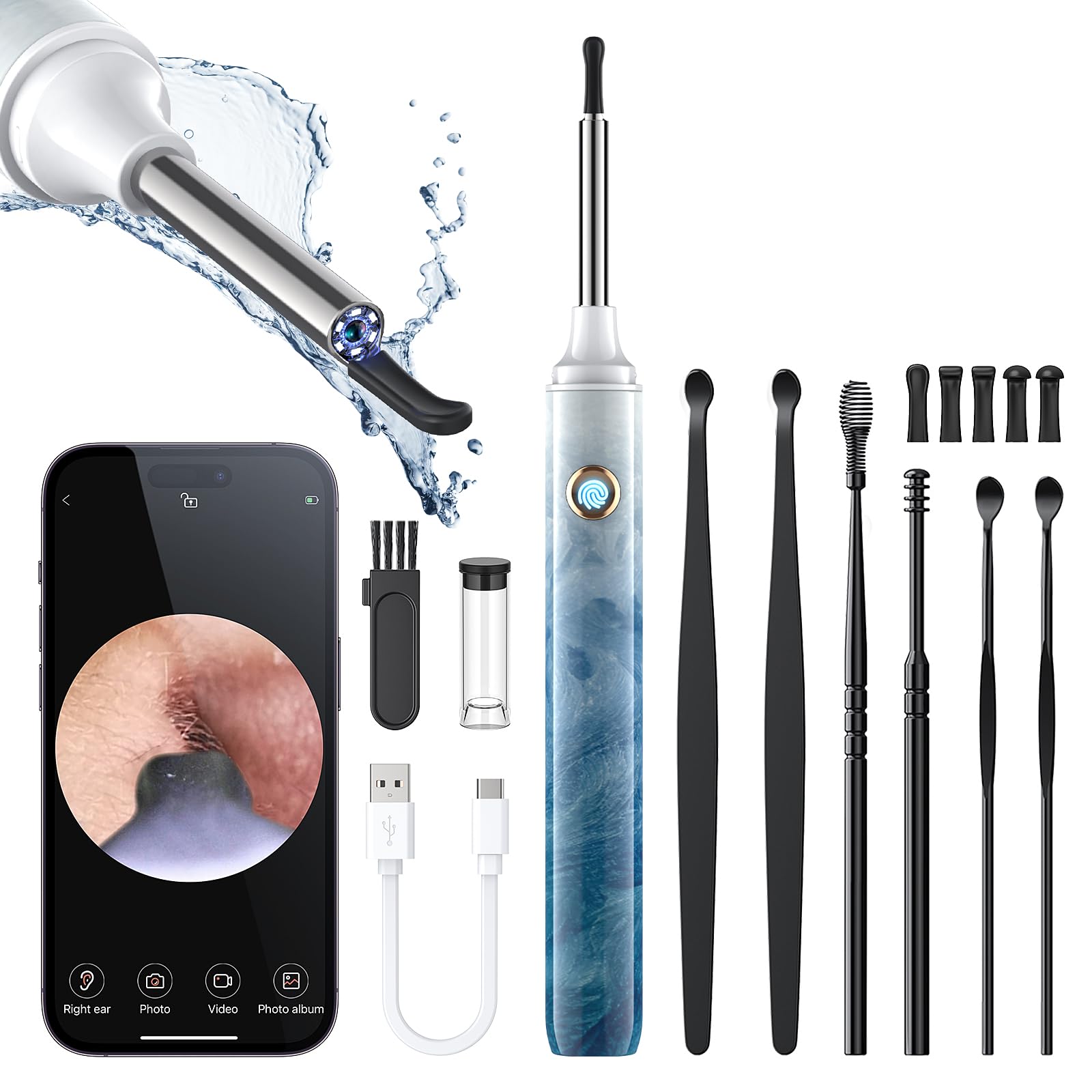 Ear Wax Removal Tool Camera - Ear Cleaner with 1080P HD Camera, Otoscope with Light, Earwax Removal Kit for iPhone, iPad, Android Phones (Ice Blue)